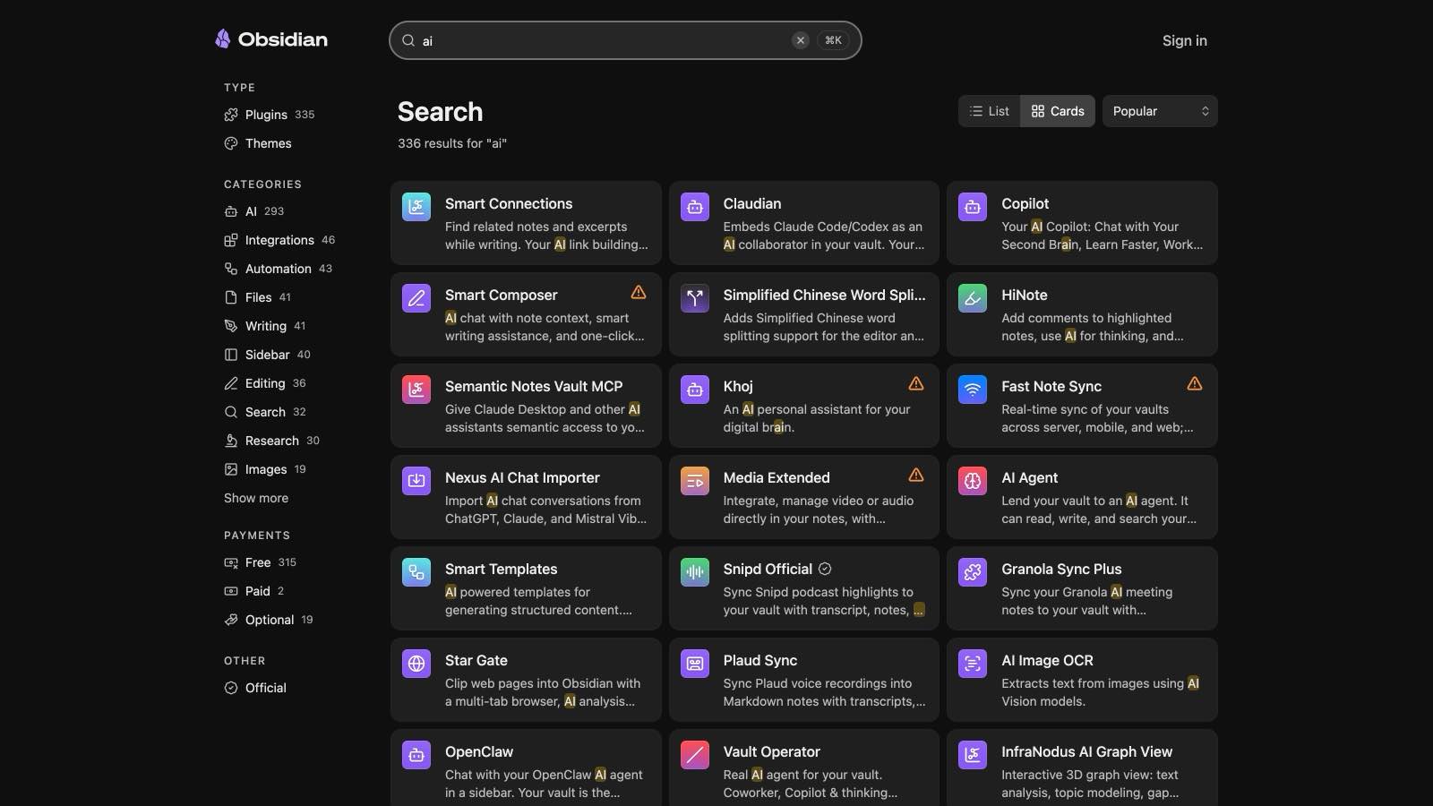 Le catalogue de plugins communautaires d'Obsidian filtré sur « ai » : des dizaines d'extensions ajoutent chat, recherche sémantique et génération de texte.