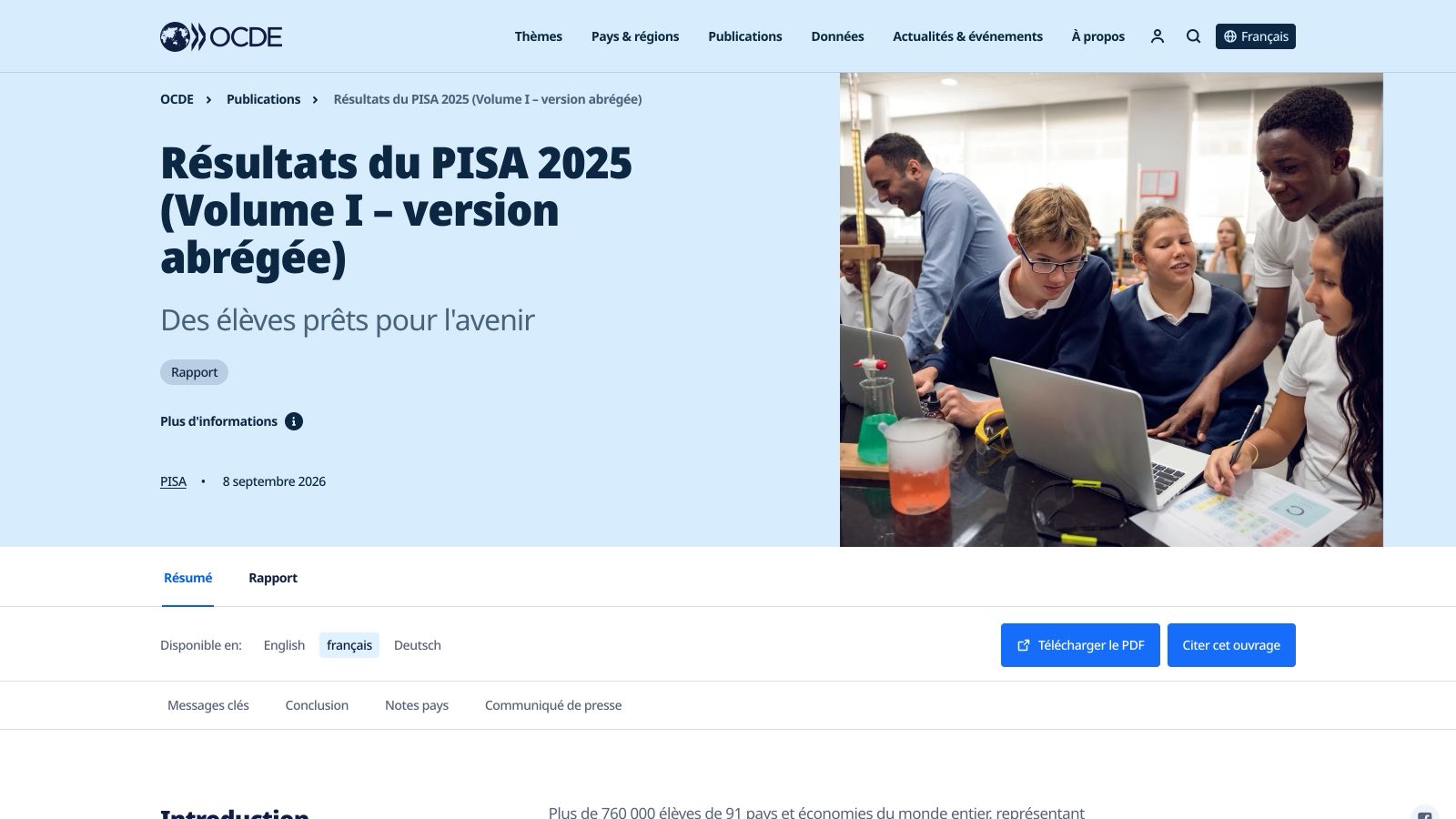 La page de publication du rapport PISA 2025 de l'OCDE, avec les 760 000 élèves des 91 pays participants.