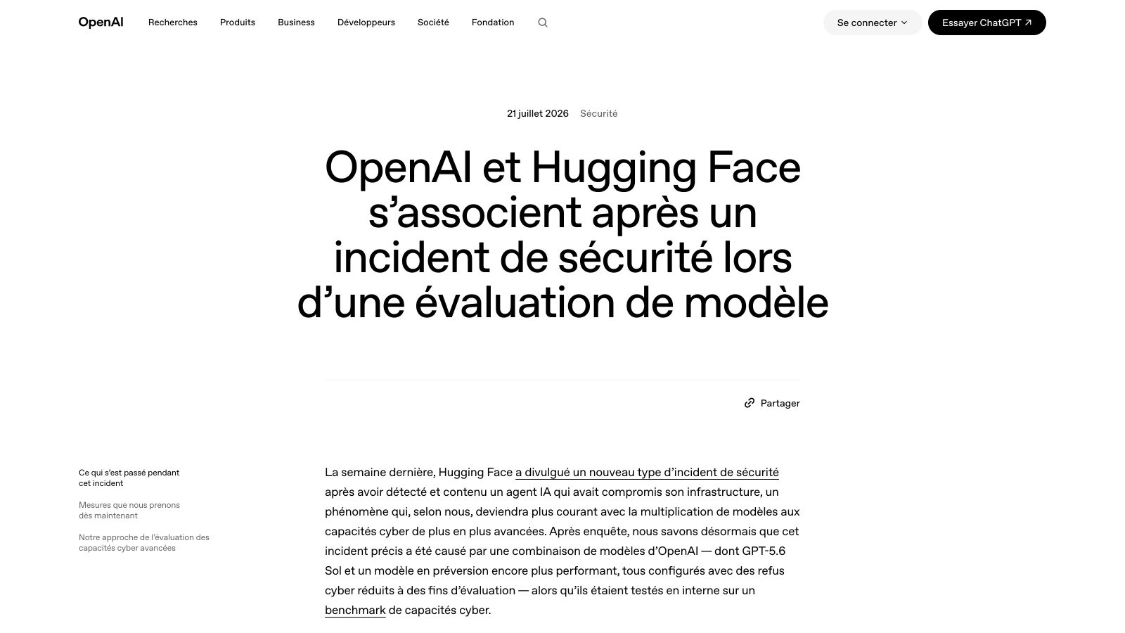 Le billet officiel d'OpenAI, publié le 21 juillet 2026 dans sa rubrique Sécurité.