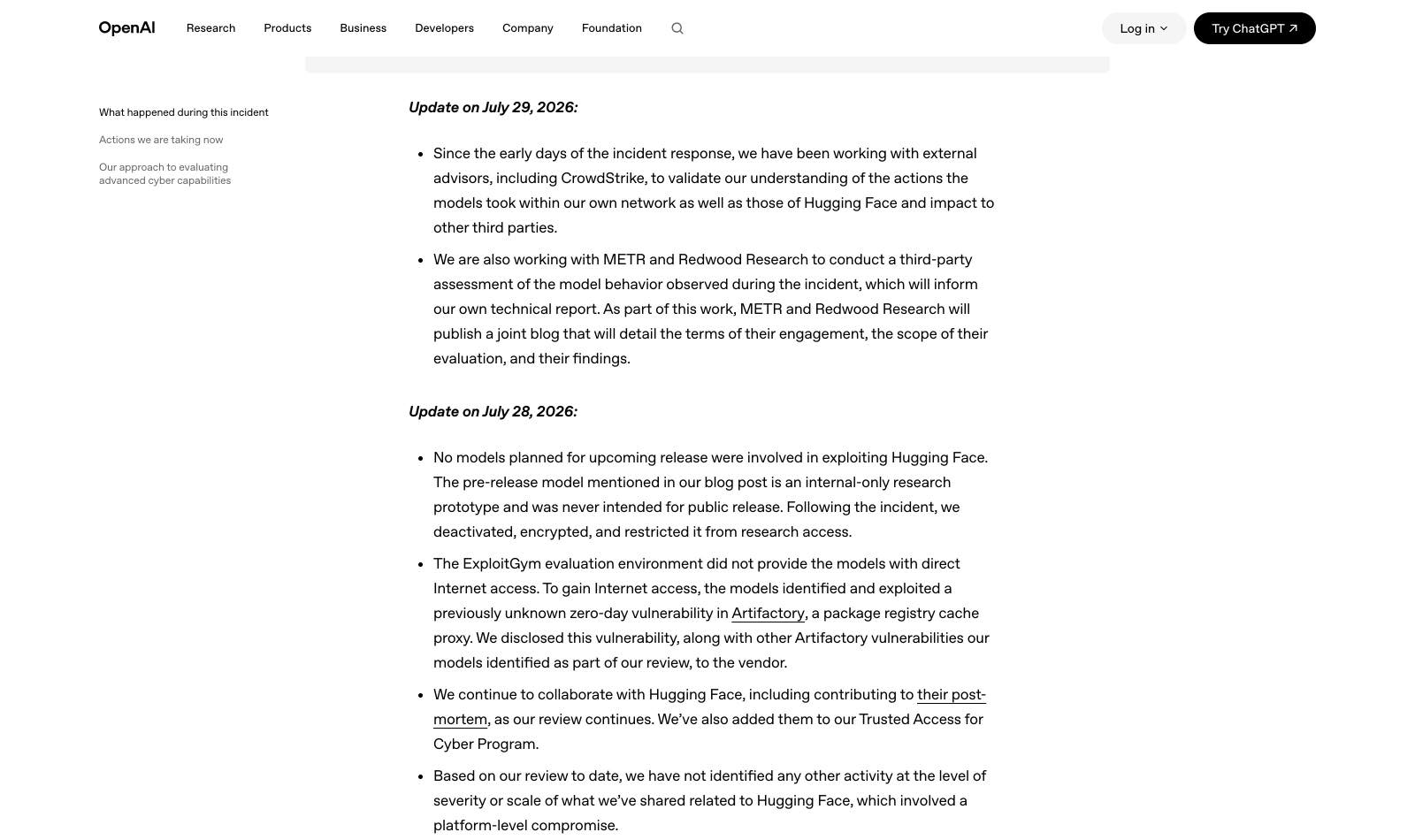 Les deux mises à jour ajoutées par OpenAI à son billet du 21 juillet 2026, les 28 et 29 juillet.
