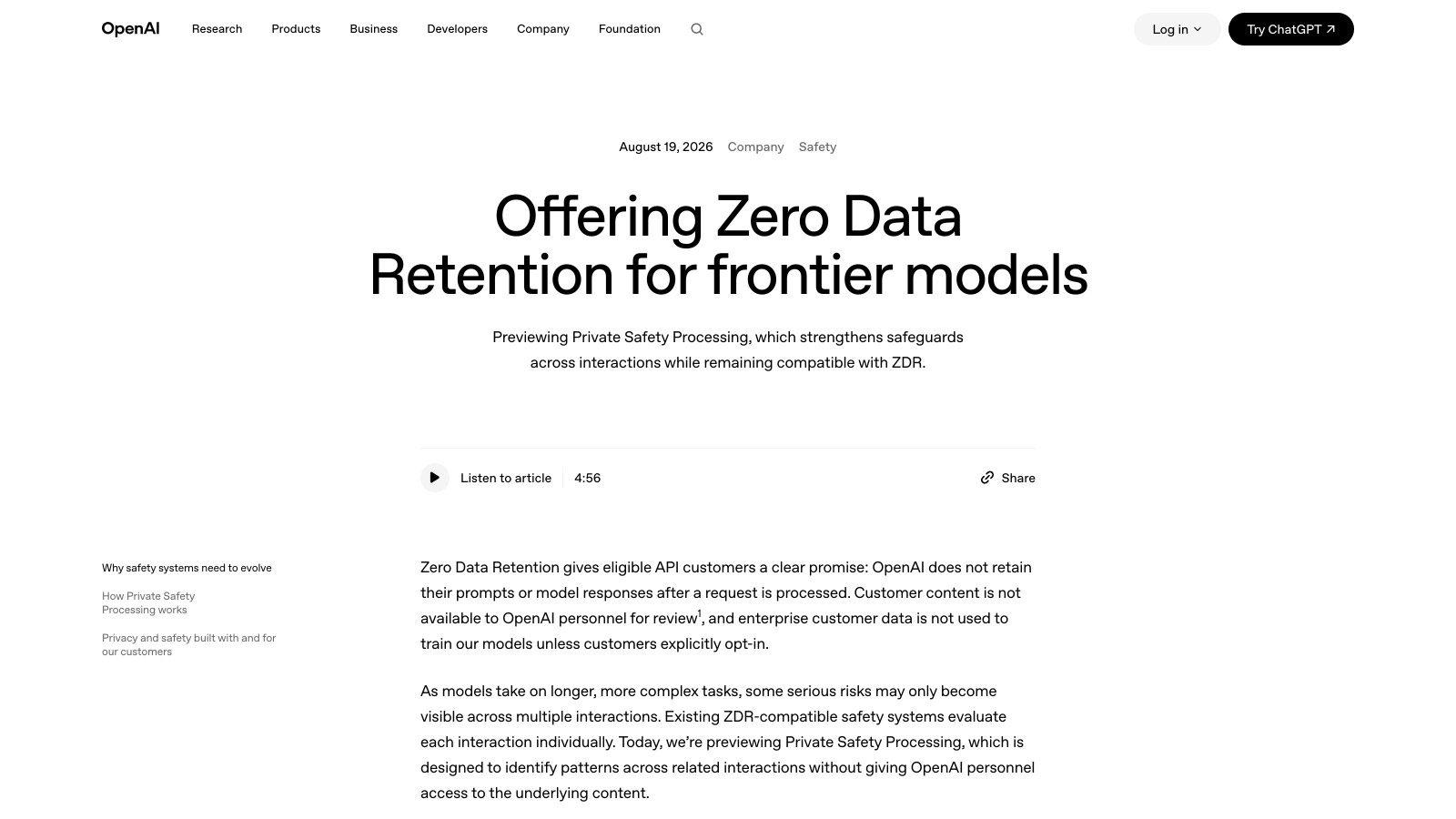 Le billet d'OpenAI « Offering Zero Data Retention for frontier models », publié le 19 août 2026.