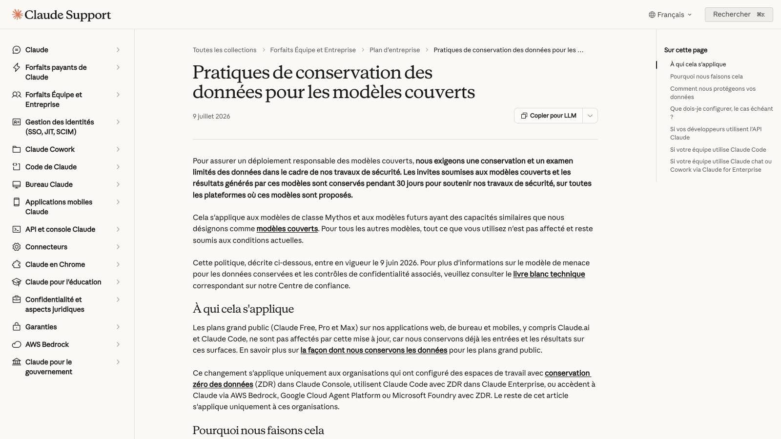 La page d'aide d'Anthropic, en français, sur la rétention de 30 jours des modèles couverts.