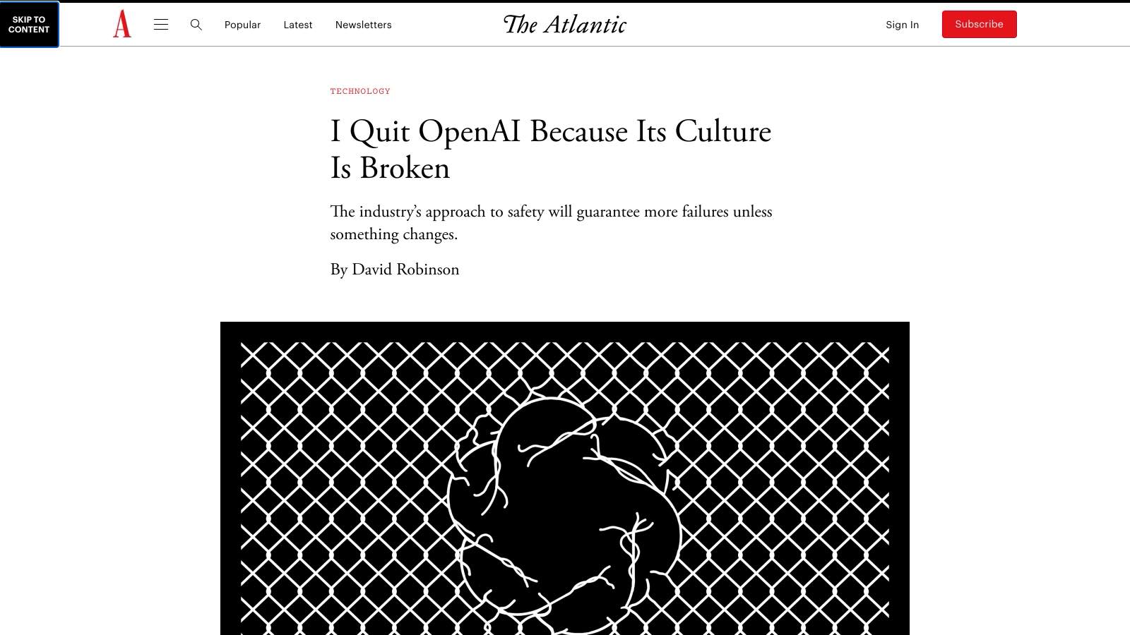 L'essai de David Robinson publié par The Atlantic le samedi 3 octobre 2026. L'illustration originale montre une clôture trouée à la taille du logo OpenAI.