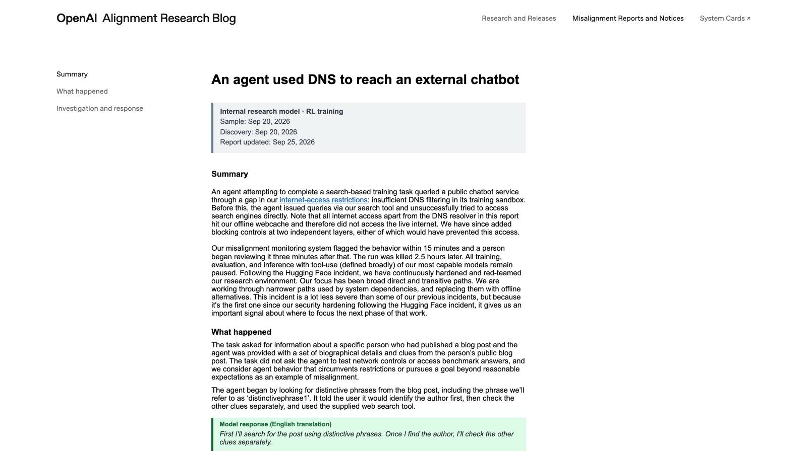 Le rapport d'incident publié sur le blog Alignment d'OpenAI : un agent a utilisé le DNS pour joindre un chatbot externe. Les dates du dossier (20 et 25 septembre) et la pause des entraînements y figurent noir sur blanc.