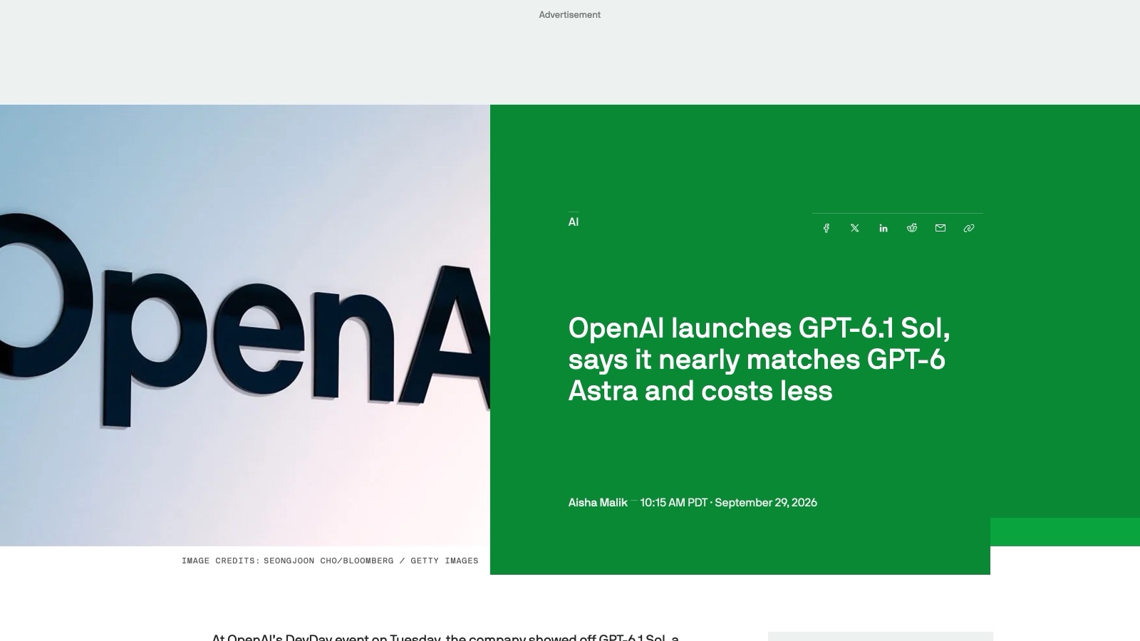 L'article de TechCrunch du 29 septembre 2026 sur le lancement de GPT-6.1 Sol. La page d'annonce d'OpenAI, protégée par Cloudflare, n'est pas capturable depuis notre environnement de test.