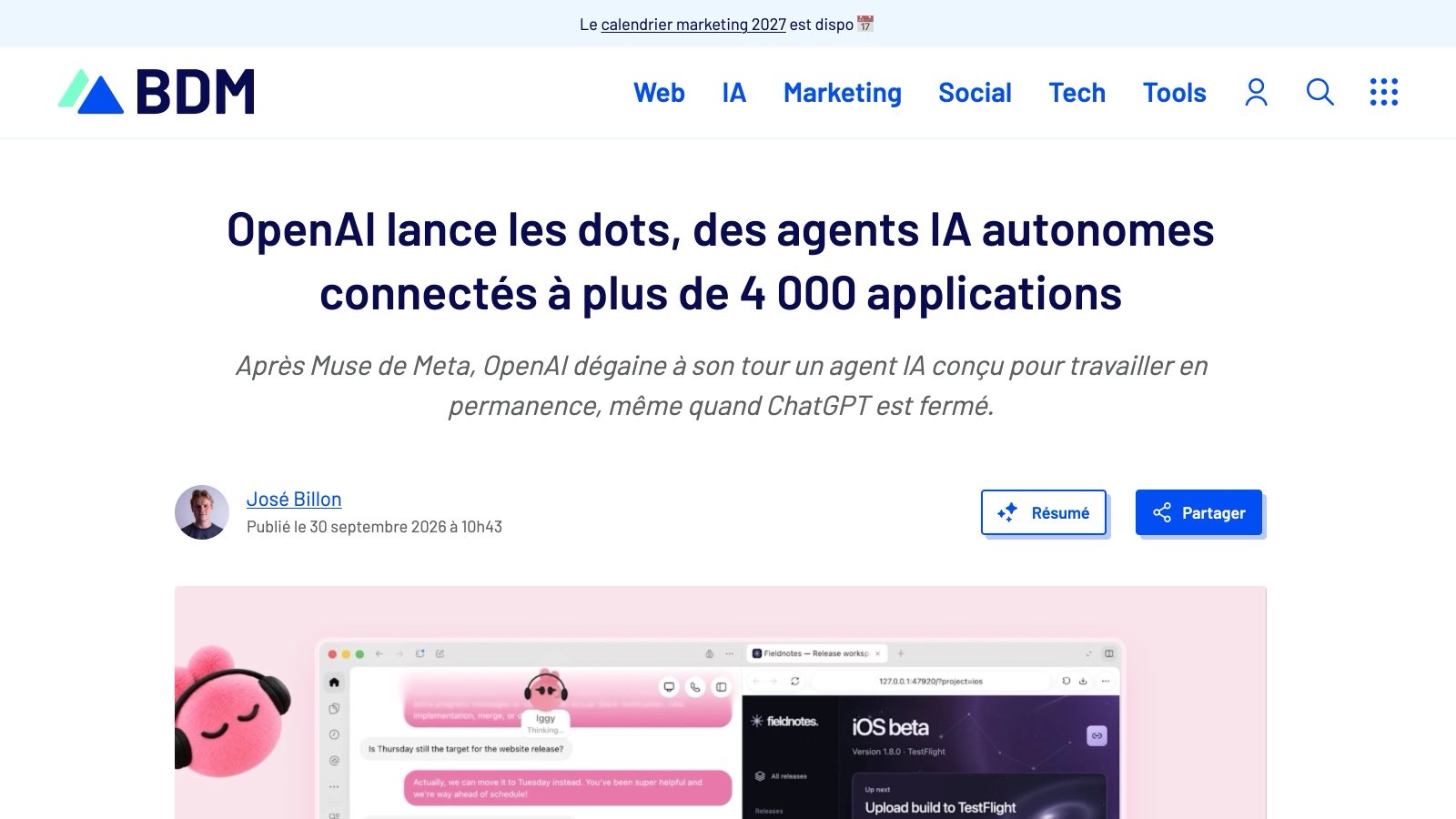 L'annonce des dots vue sur Blog du Modérateur le 30 septembre 2026, avec l'avatar d'un dot dans l'interface de ChatGPT. Le billet openai.com refuse le rendu automatisé, la capture montre le relais français.