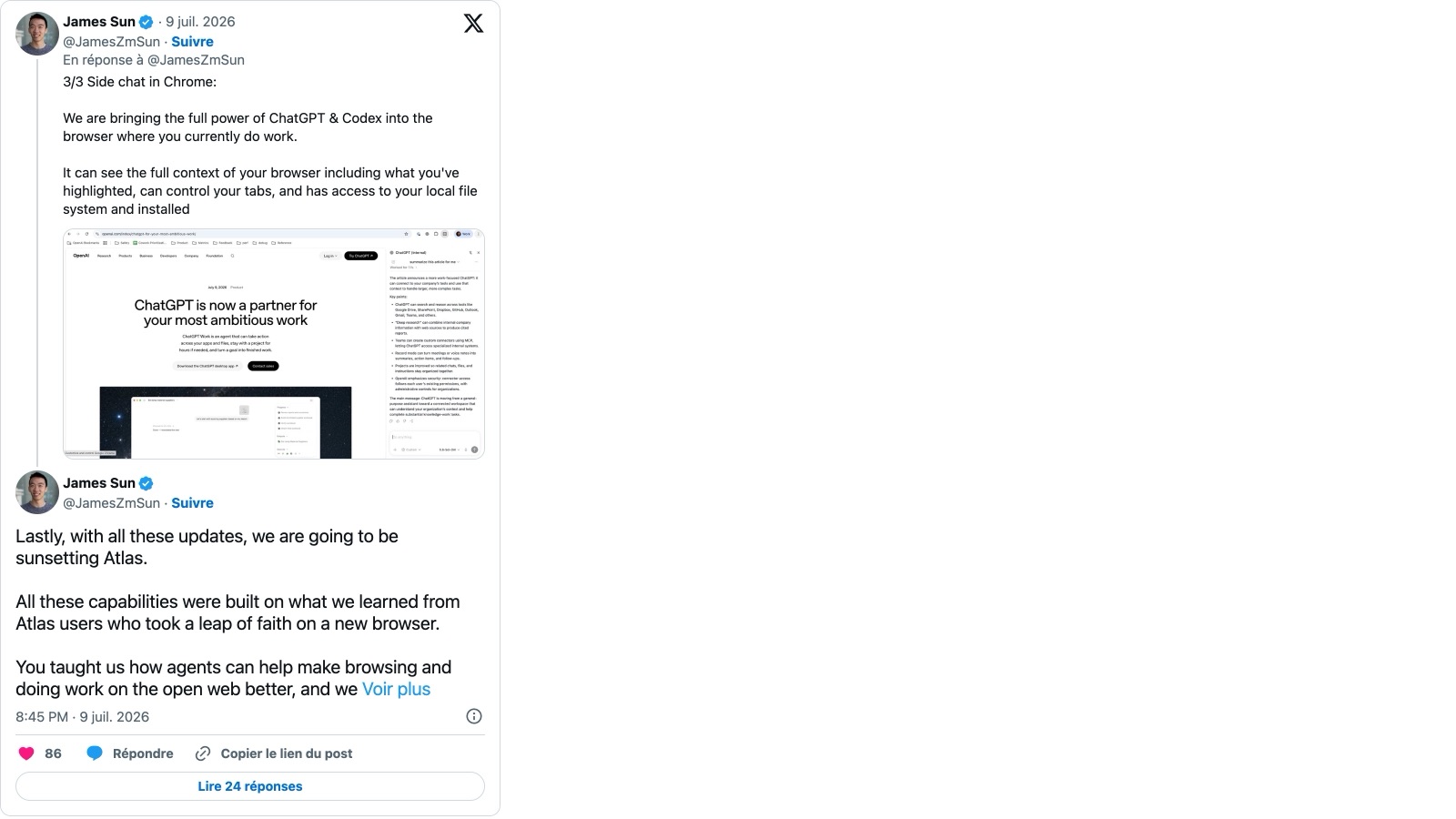 James Sun (OpenAI) annonce la fermeture d'Atlas sur X, à côté de la page officielle « ChatGPT is now a partner for your most ambitious work ».