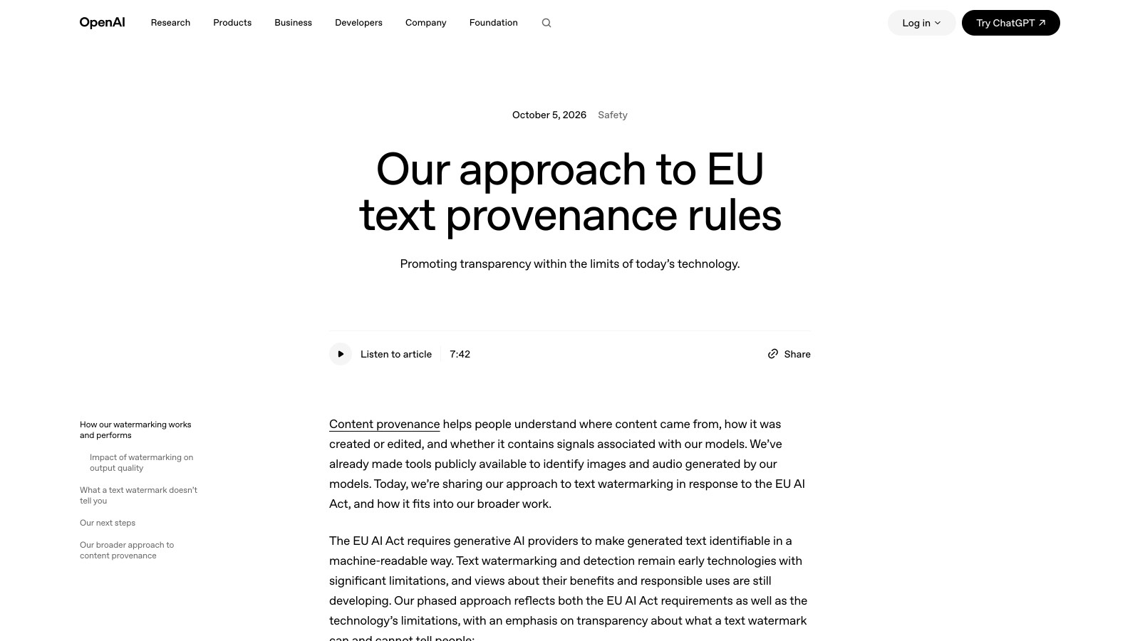 Le billet « Our approach to EU text provenance rules » publié par OpenAI le 5 octobre 2026, source primaire de l'annonce du filigrane textGrain.