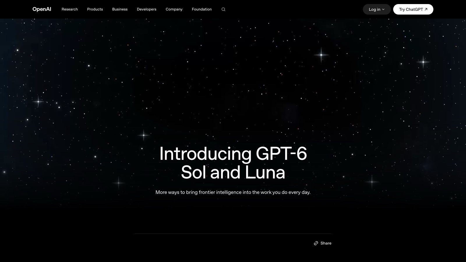 Le billet d'annonce « Introducing GPT-6 Sol and Luna » publié sur openai.com le 22 septembre 2026.