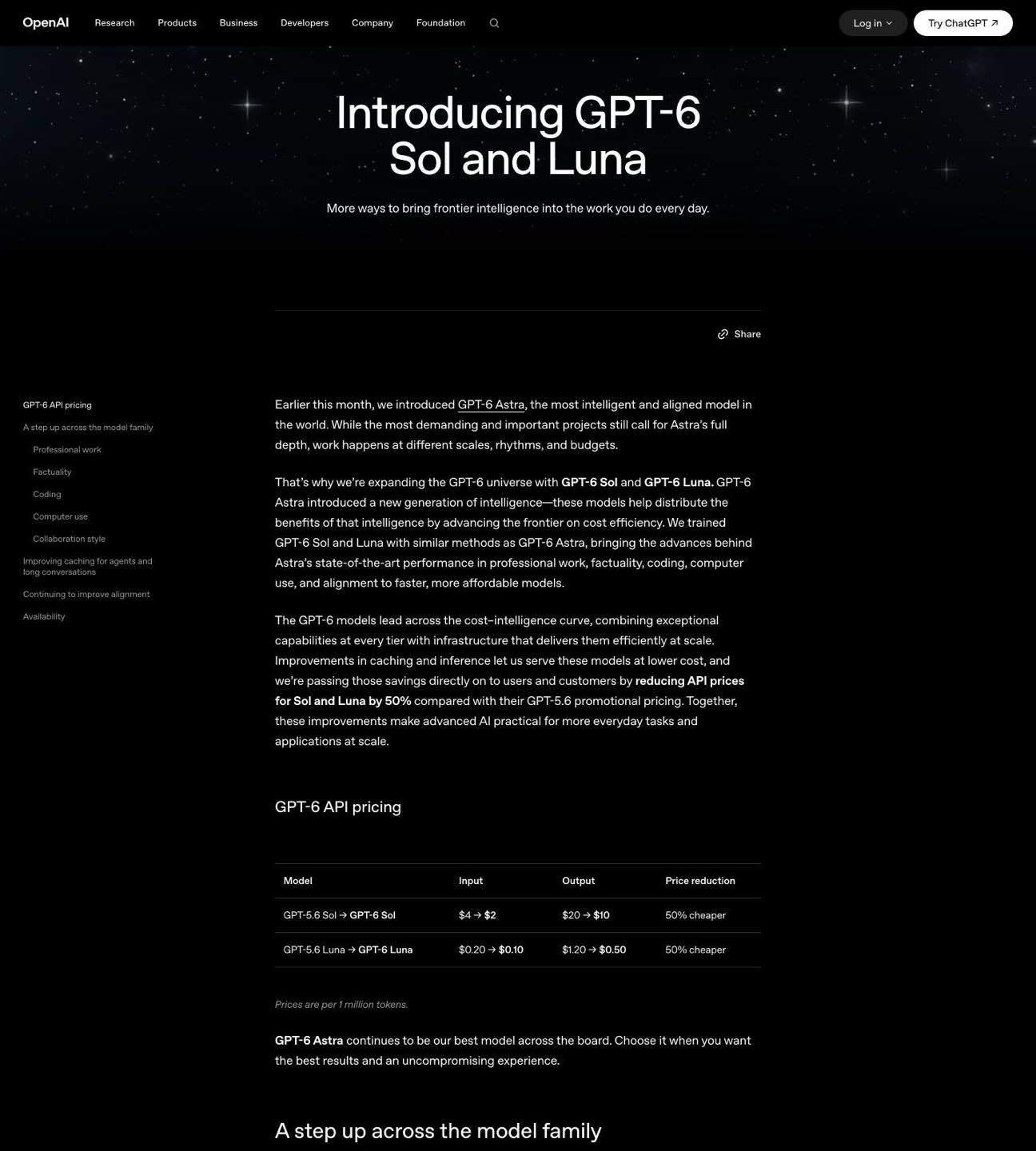 La grille tarifaire publiée par OpenAI : GPT-6 Sol à 2 $ en entrée et 10 $ en sortie, GPT-6 Luna à 0,10 $ et 0,50 $.