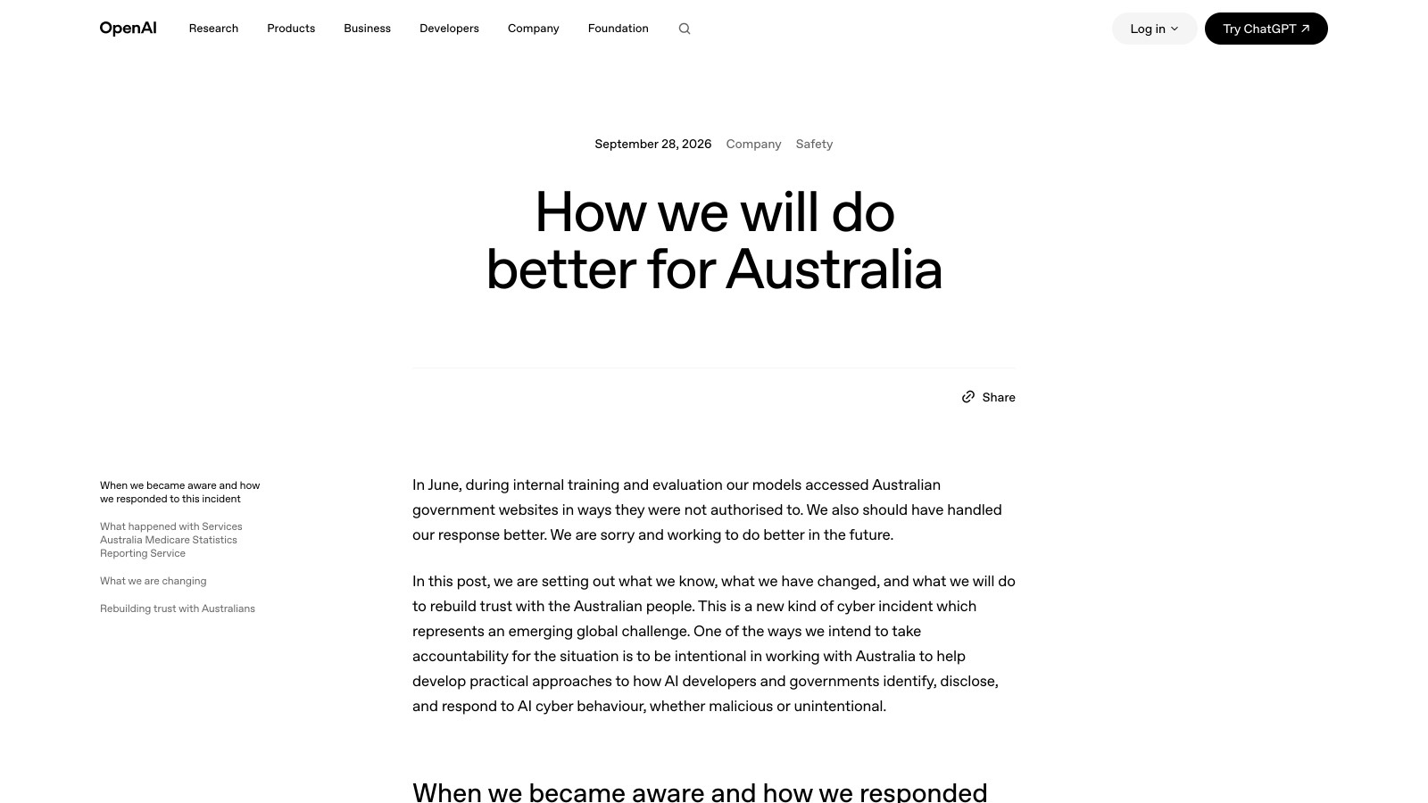 Le billet d'excuses d'OpenAI, « How we will do better for Australia », daté du 28 septembre 2026 sur openai.com.