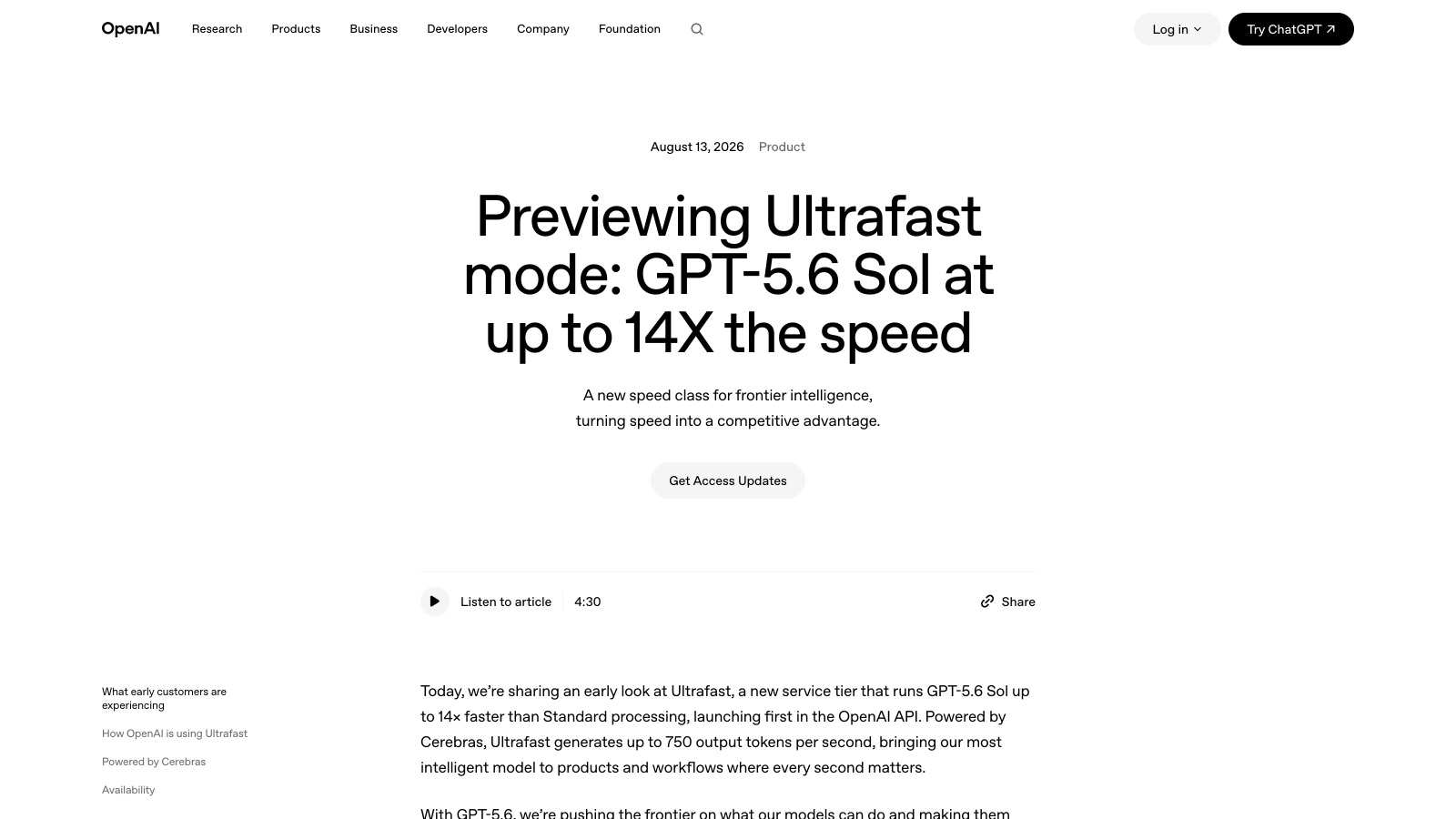Capture du billet officiel d'OpenAI sur le mode Ultrafast, avec la promesse de 14 fois la vitesse.