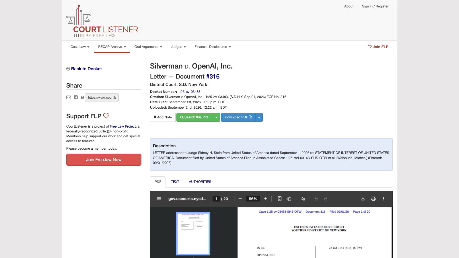 La fiche du statement of interest du département de la Justice (pièce n° 316, déposée le 1er septembre 2026) sur le docket CourtListener du litige OpenAI.