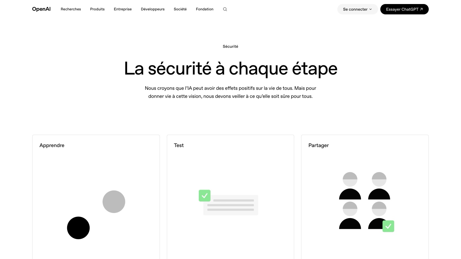 La page officielle d'OpenAI la plus proche du sujet, « La sécurité à chaque étape » (openai.com/safety), capturée le 17 août 2026. L'adresse openai.com/safety/preparedness redirige vers cette page générale : OpenAI n'a annoncé ni dissolution ni réorganisation de l'équipe Preparedness, et la page continue de mentionner les « évaluations de l'état de préparation » ainsi que le Preparedness Framework.