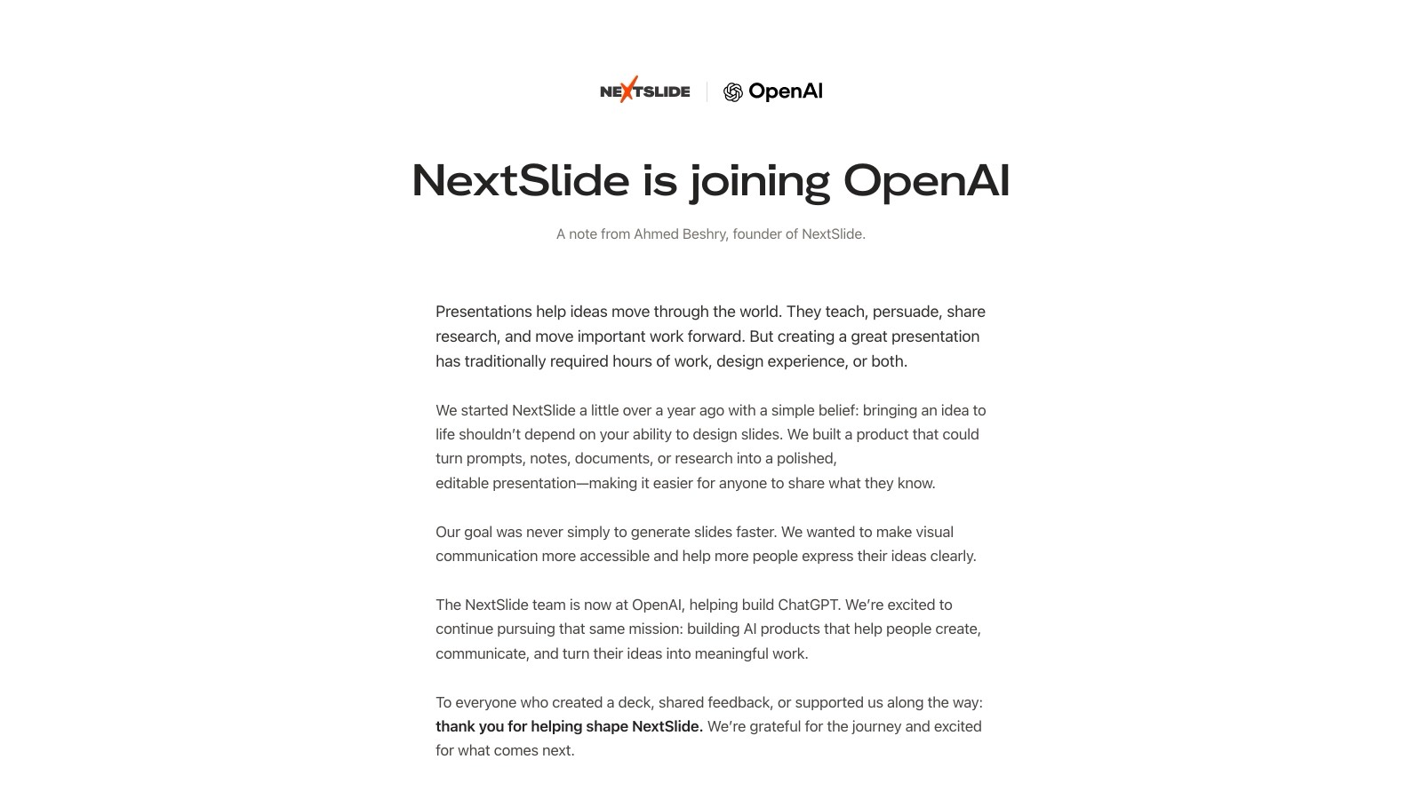 La page nextslide.ai ne sert plus qu'une note d'adieu du fondateur, sous les deux logos accolés. Aucune capture du produit, aucune date d'arrêt.