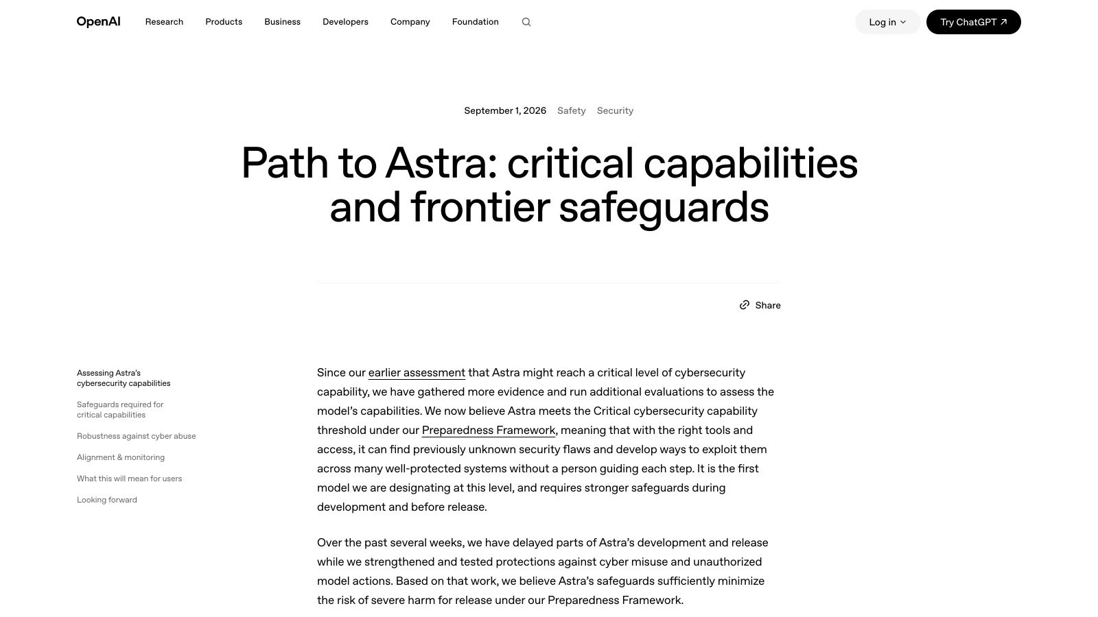 Le billet « Path to Astra », publié le 1ᵉʳ septembre 2026 sur openai.com : le seuil critique, jusque-là « non exclu », est désormais confirmé, et le retard de développement et de sortie est assumé.