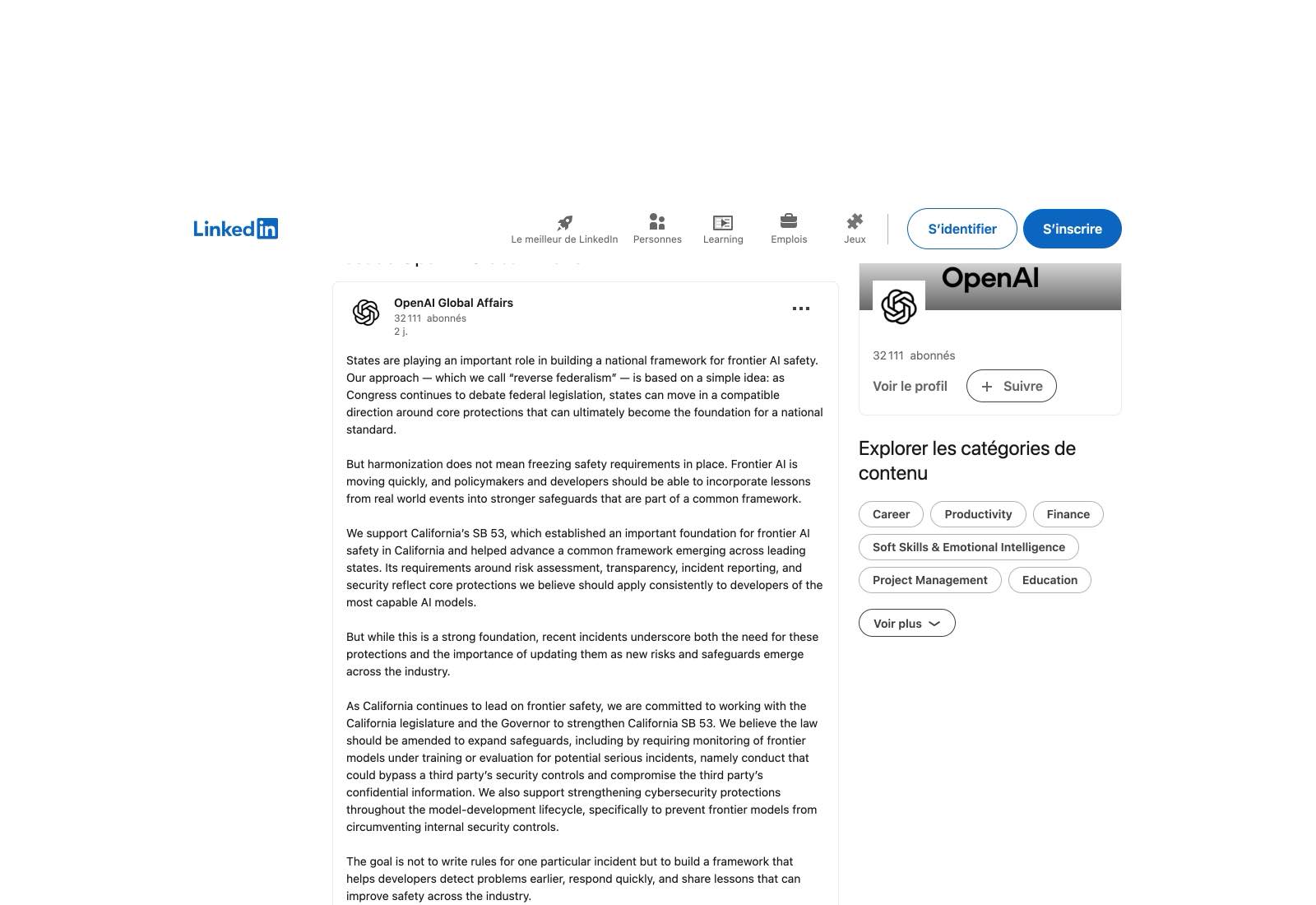 Le post LinkedIn d'OpenAI Global Affairs, publié le 21 août 2026. L'entreprise y soutient SB 53 et demande son durcissement.
