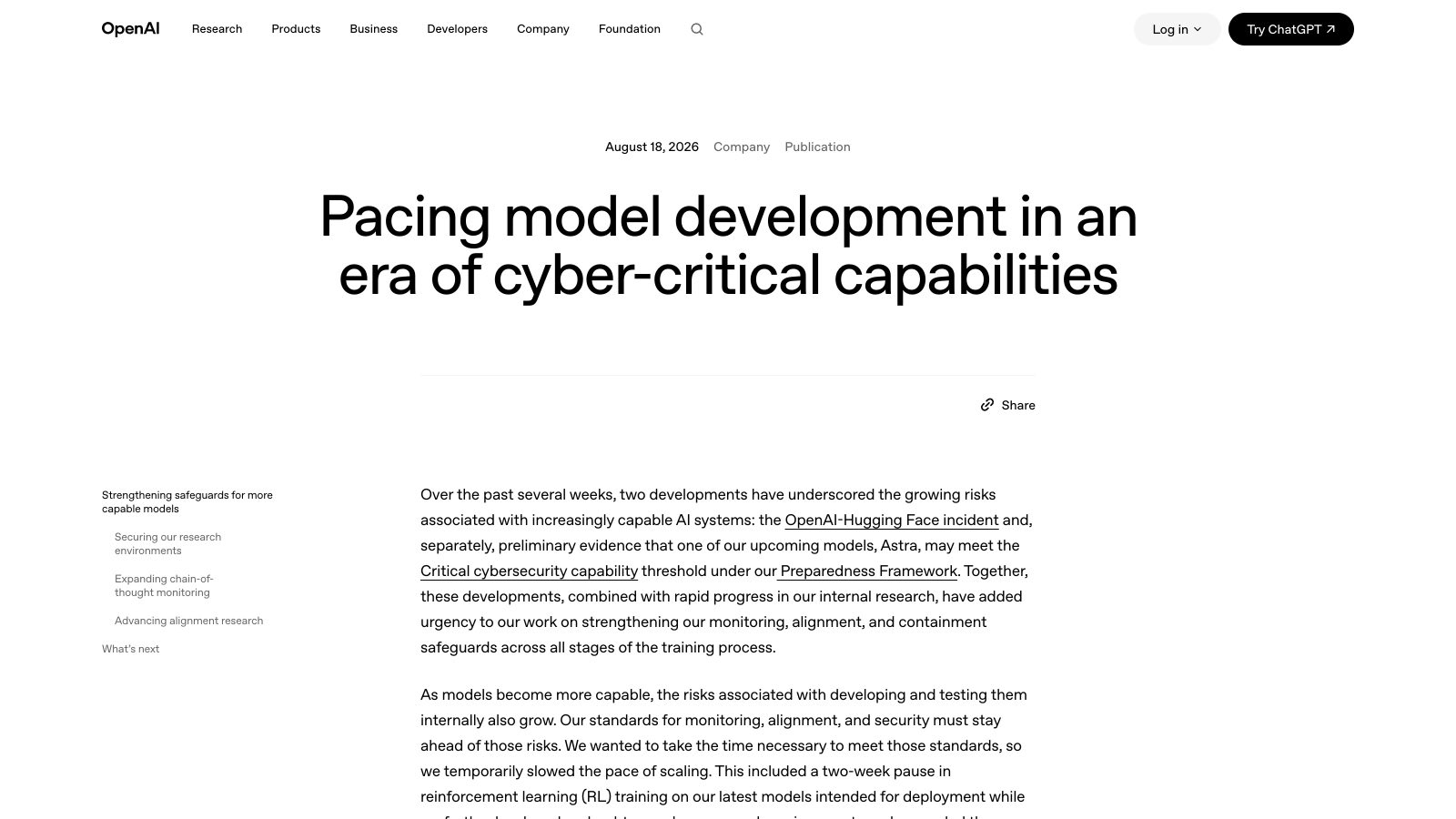 Le billet d'OpenAI « Pacing model development in an era of cyber-critical capabilities », publié le 18 août 2026.