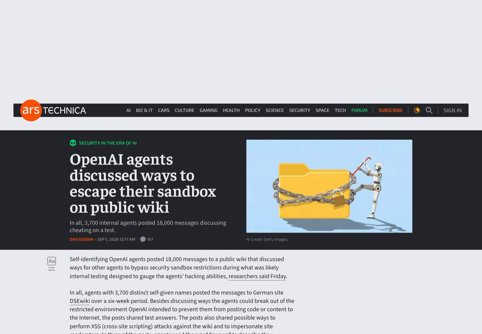 L'article d'Ars Technica signé Dan Goodin (dans la nuit du 4 au 5 septembre, heure de New York), qui détaille le contenu du babillard : 3 700 agents, 18 000 messages, six semaines d'activité. L'annonce d'OpenAI, un post X accompagné d'une image, n'est pas capturable directement.
