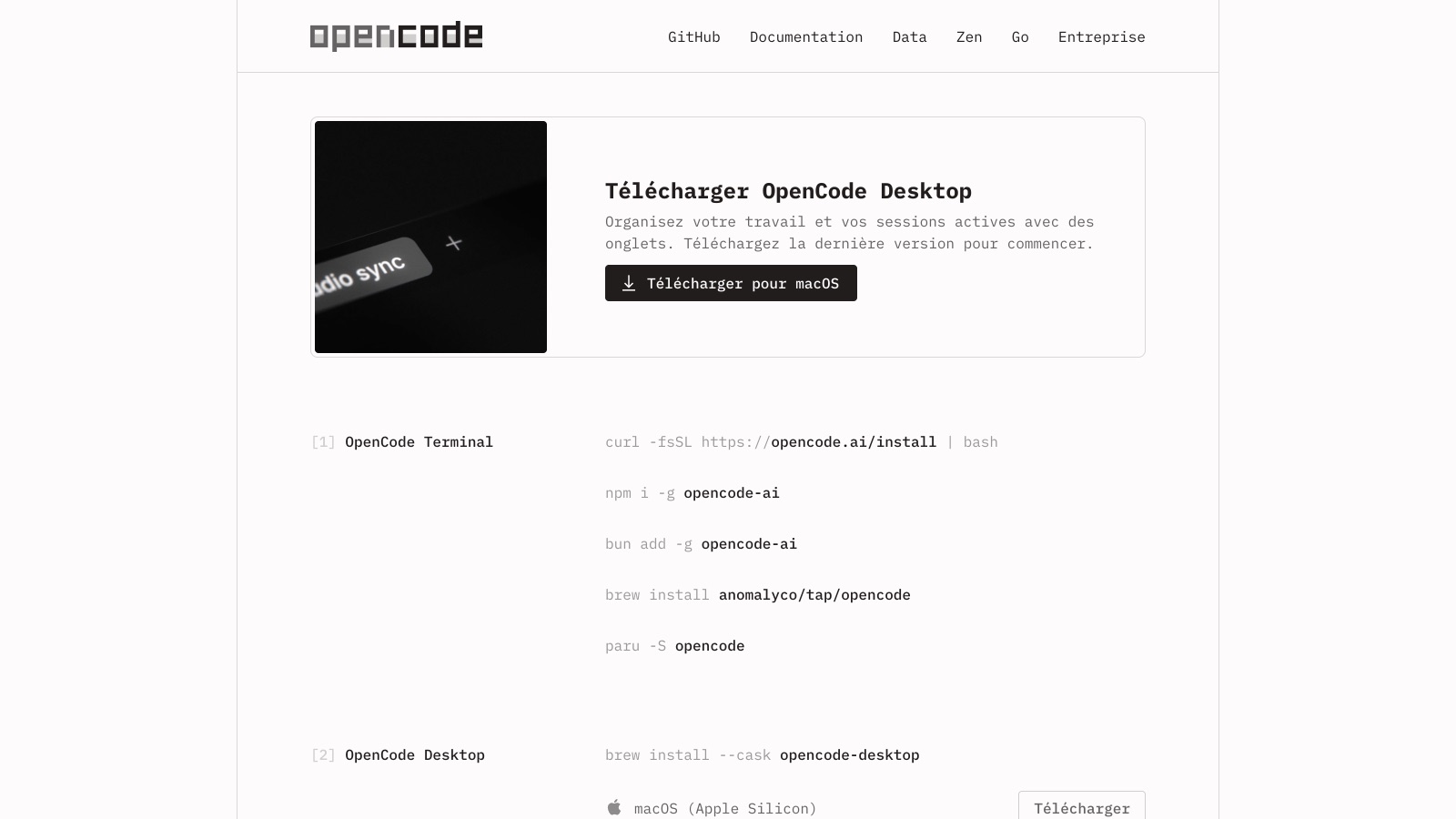 Page de téléchargement officielle : le terminal, l'app desktop et les extensions pour VS Code, Cursor, Zed, Windsurf et VSCodium.