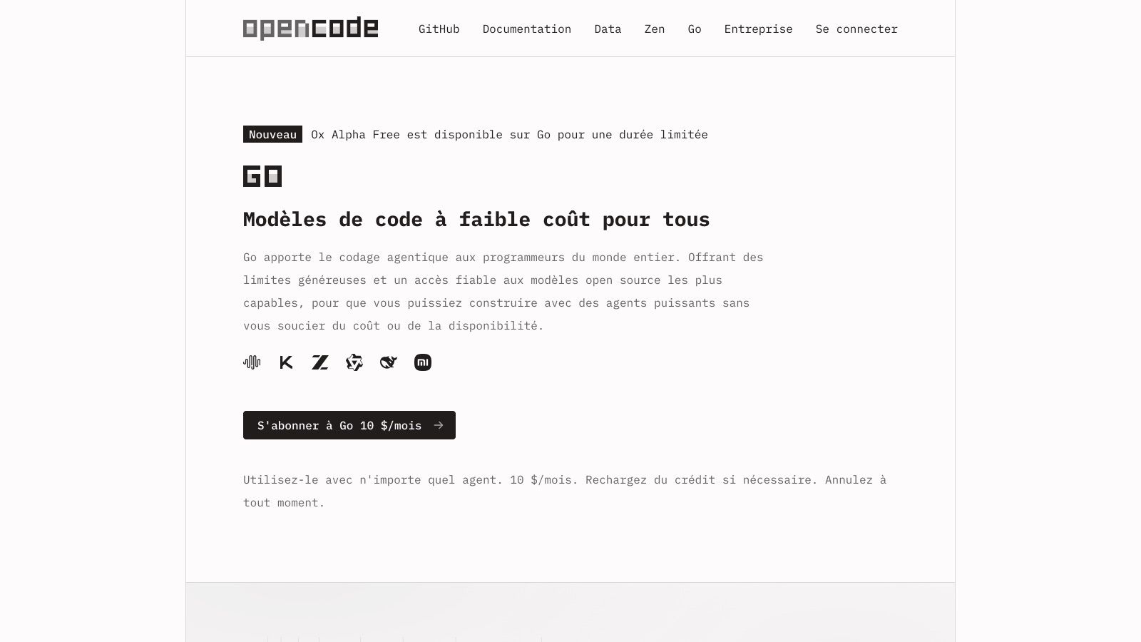 La page officielle de l'offre Go, relevée au rendu le 24 août 2026 : 10 $/mois, et un tableau des limites par modèle sur des fenêtres de 5 heures.