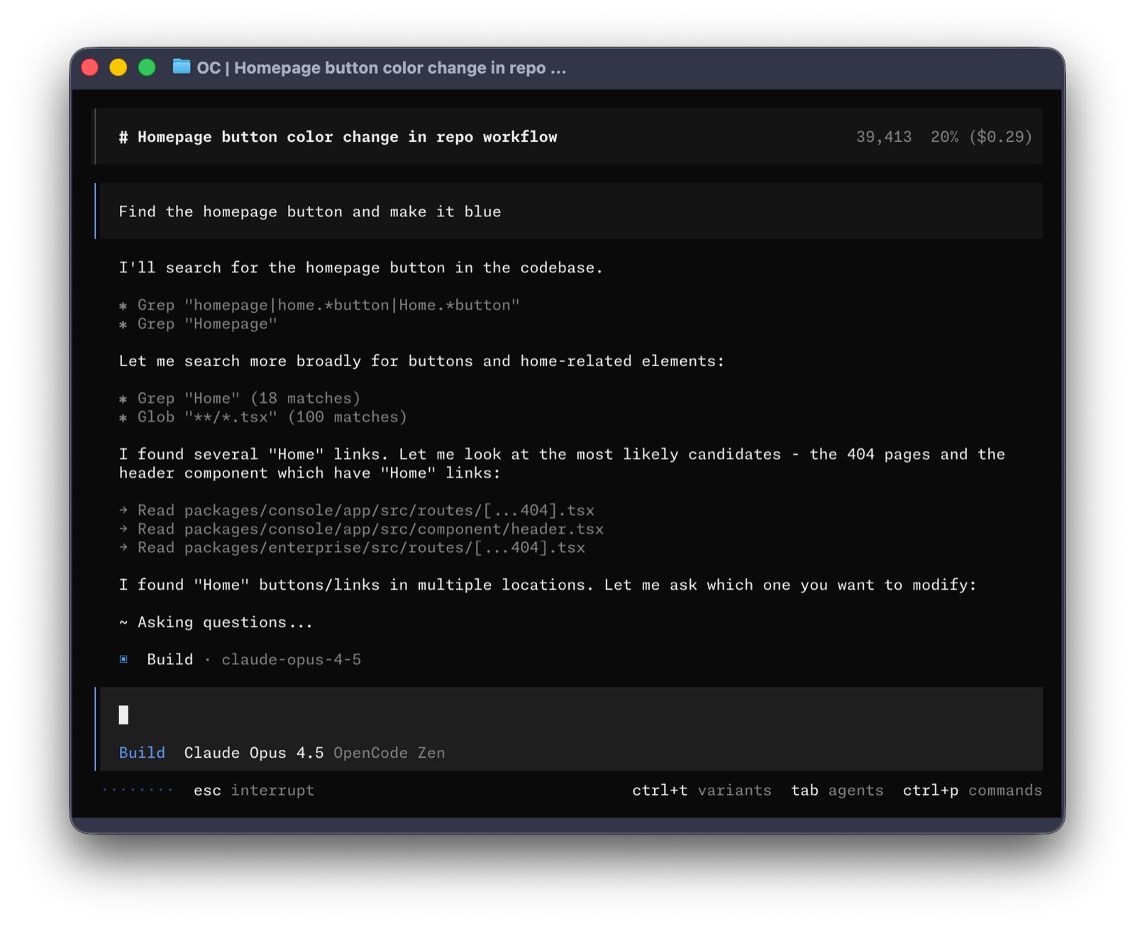 L'interface terminal du dépôt officiel : un agent en mode Build, qui planifie un changement puis parcourt les fichiers du projet.