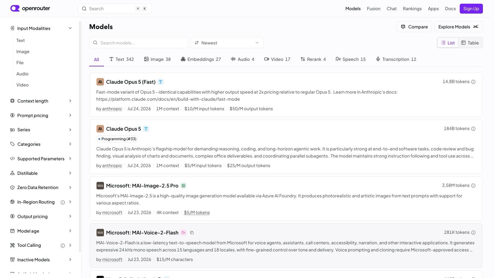 La liste des modèles d'OpenRouter, avec pour chacun l'auteur, la date de sortie, la fenêtre de contexte et le prix par million de tokens en entrée et en sortie.