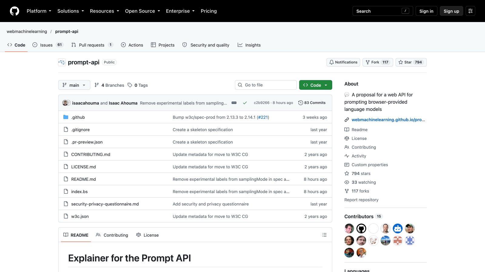 Le dépôt GitHub webmachinelearning/prompt-api, « A proposal for a web API for prompting browser-provided language models ».