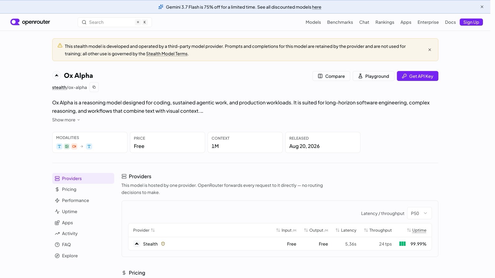 La fiche du modèle Ox Alpha sur openrouter.ai, capturée le 24 août 2026 : modèle gratuit, contexte 1M, sortie le 20 août 2026, fournisseur « Stealth » et bandeau signalant l'exploitation par un fournisseur tiers anonyme.