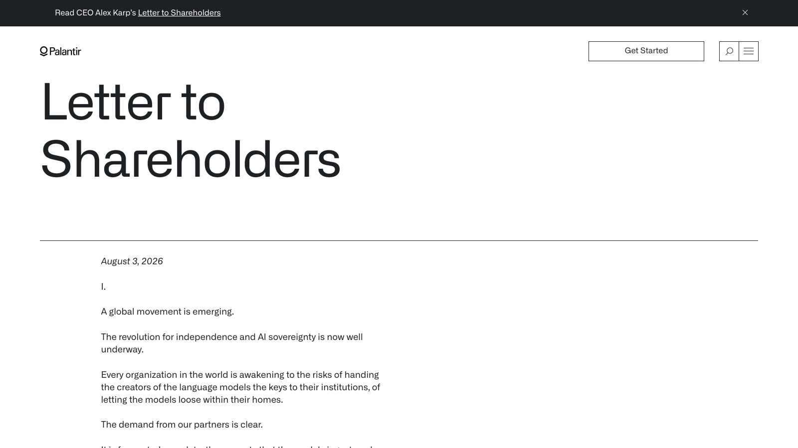 La lettre aux actionnaires publiée sur le site de Palantir le 3 août 2026 au soir, qui ouvre sur les risques à confier aux concepteurs des modèles « les clés de leurs institutions ».