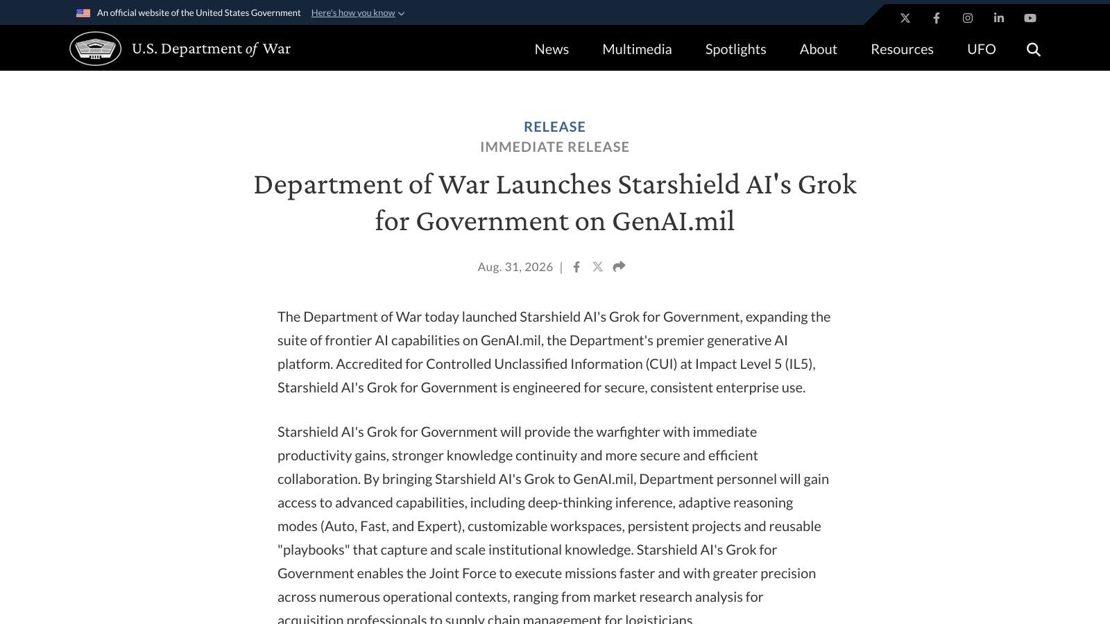Le communiqué du Department of War du 31 août 2026 annonçant le lancement de Starshield AI's Grok for Government sur GenAI.mil.