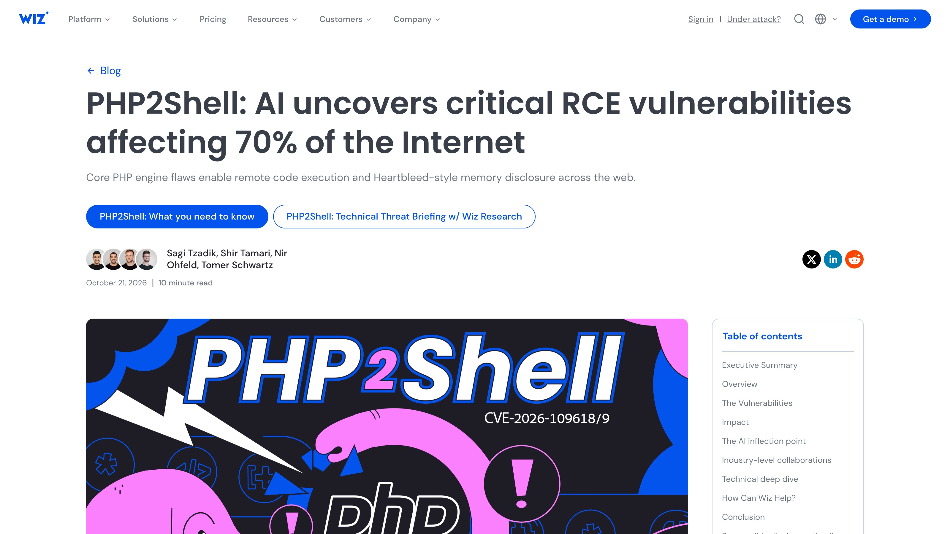 Le billet de Wiz Research du 21 octobre 2026 : « PHP2Shell: AI uncovers critical RCE vulnerabilities affecting 70% of the Internet »