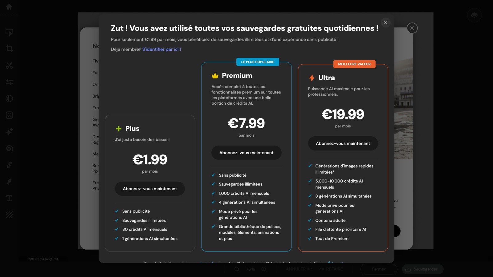 Le message affiché au-delà de trois enregistrements quotidiens sans abonnement, avec la grille tarifaire en euros.