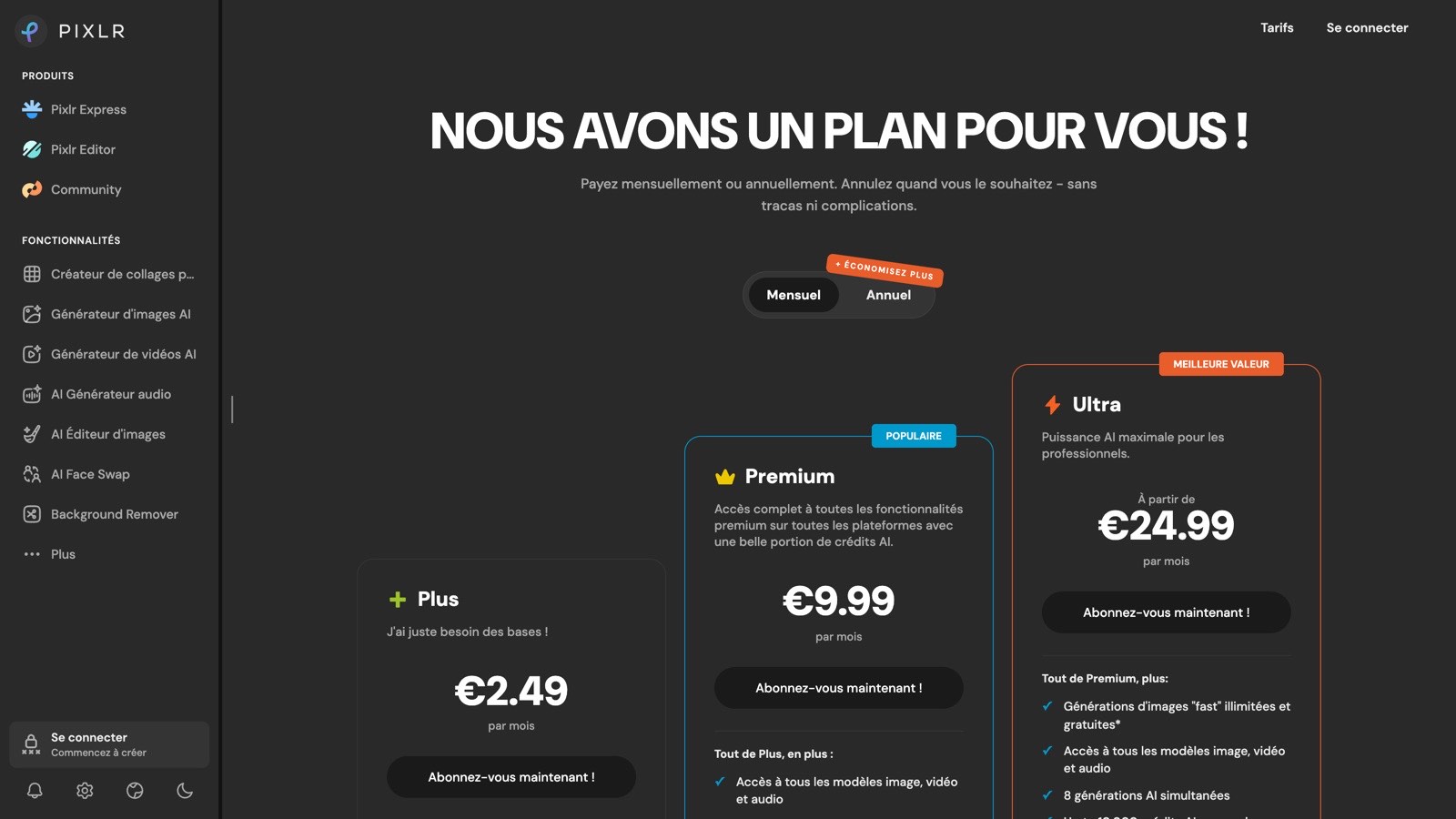 La page de tarifs de Pixlr vue depuis la France : montants en euros et sélecteur positionné sur « Mensuel » par défaut, contrairement à l'usage du secteur.