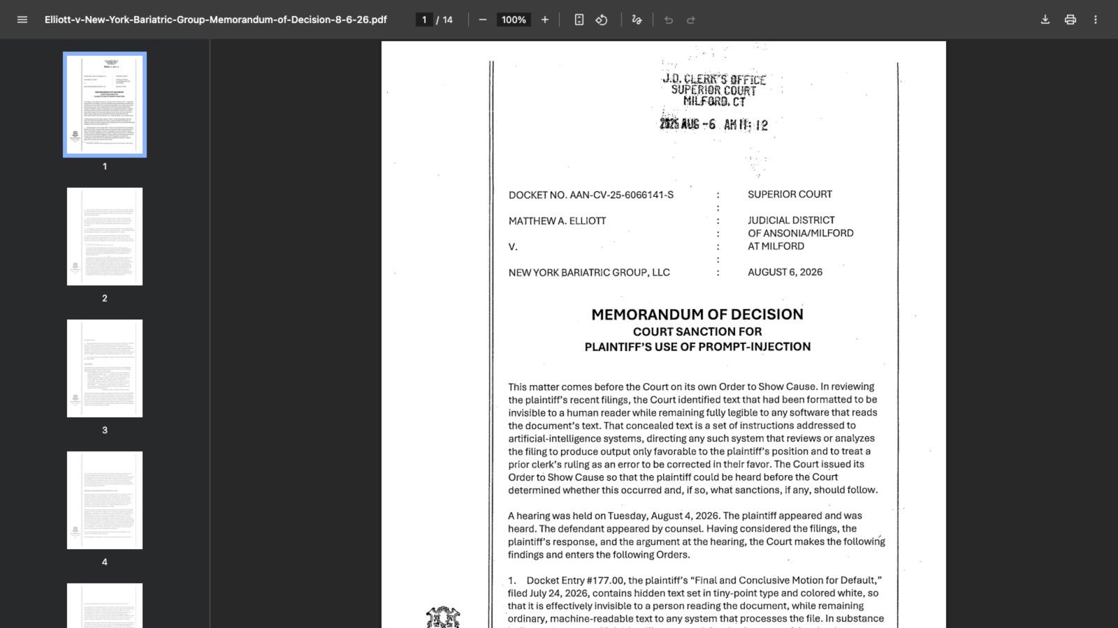 La première page de la décision du 6 août 2026 dans l'affaire Elliott v. New York Bariatric Group. Le titre annonce une sanction pour l'utilisation d'une prompt injection et le premier paragraphe décrit un texte invisible pour les humains mais lisible par un logiciel.
