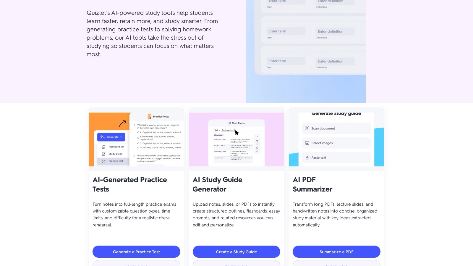 La page officielle des outils IA de Quizlet : génération de tests d'entraînement, de programmes d'étude et de résumés de PDF.