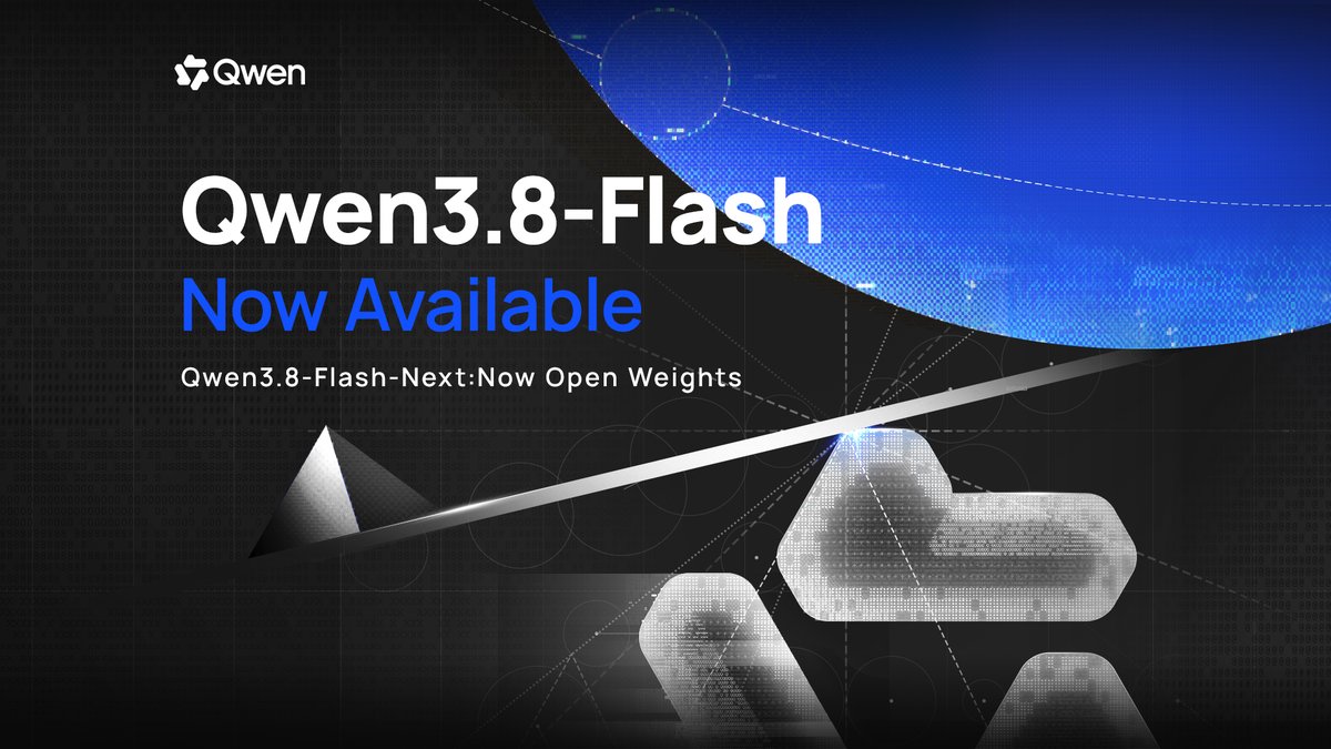 Le visuel officiel du post X du 26 août 2026 : le nom du modèle, la mention « Now Available » et le sous-titre « Qwen3.8-Flash-Next: Now Open Weights ».