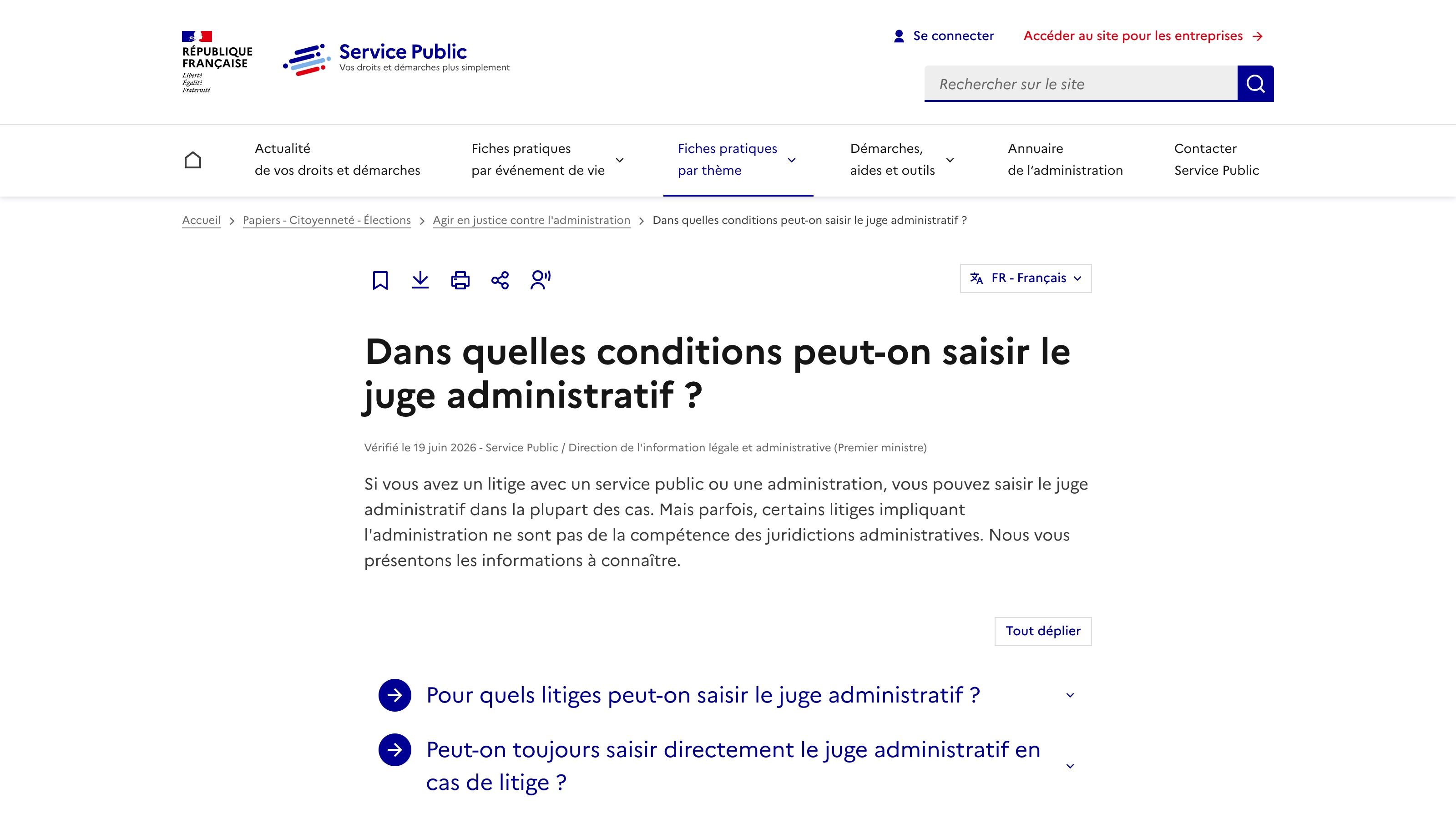 La fiche de service-public.fr « Dans quelles conditions peut-on saisir le juge administratif ? », avec la mention « Vérifié le 19 juin 2026 ».