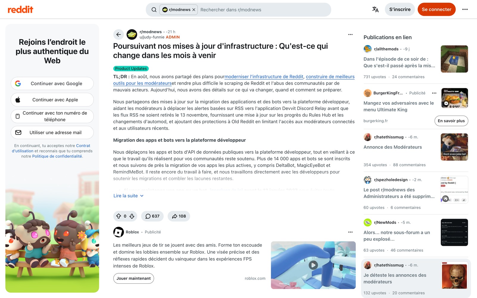 L'annonce officielle publiée sur r/modnews le 30 septembre 2026 par le compte admin u/judy-funnie : les flux RSS seront retirés le 13 novembre, et Old Reddit réservé aux modérateurs connectés et aux utilisateurs récents.