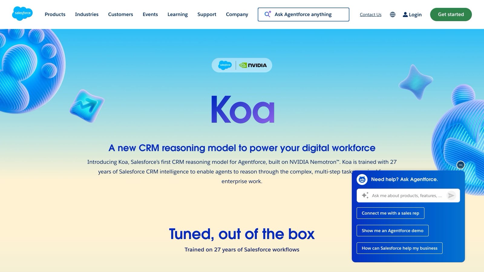 La page produit de Koa, capturée le 16 septembre 2026 : Salesforce met en avant 27 ans d'intelligence CRM.