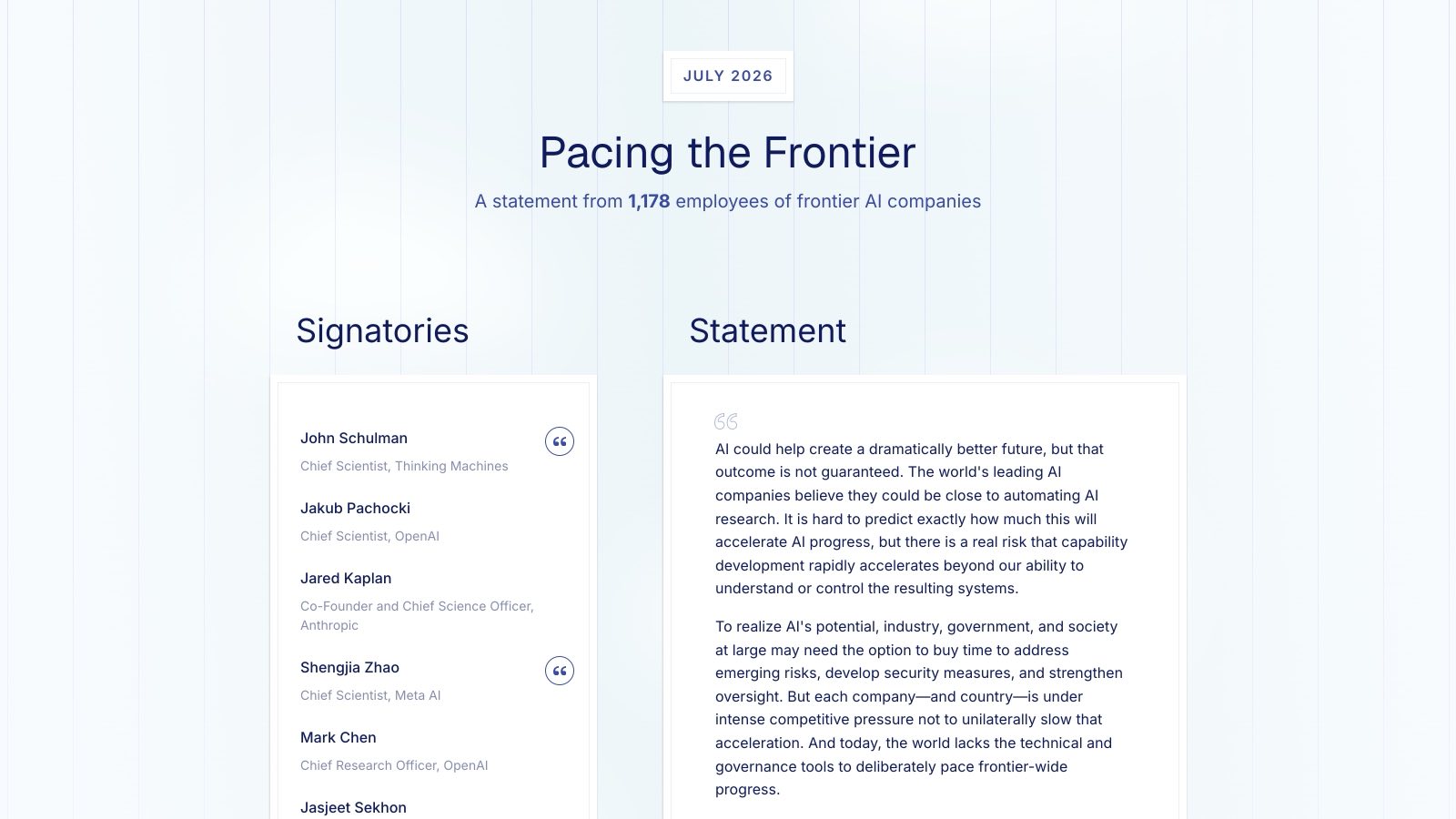 La page de la pétition « Pacing the Frontier » et ses premiers signataires, capturée le 29 juillet 2026.