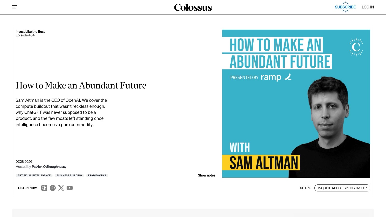 L'épisode 484 d'Invest Like the Best, mis en ligne le 28 juillet 2026, où Sam Altman évoque le cadencement de l'IA.