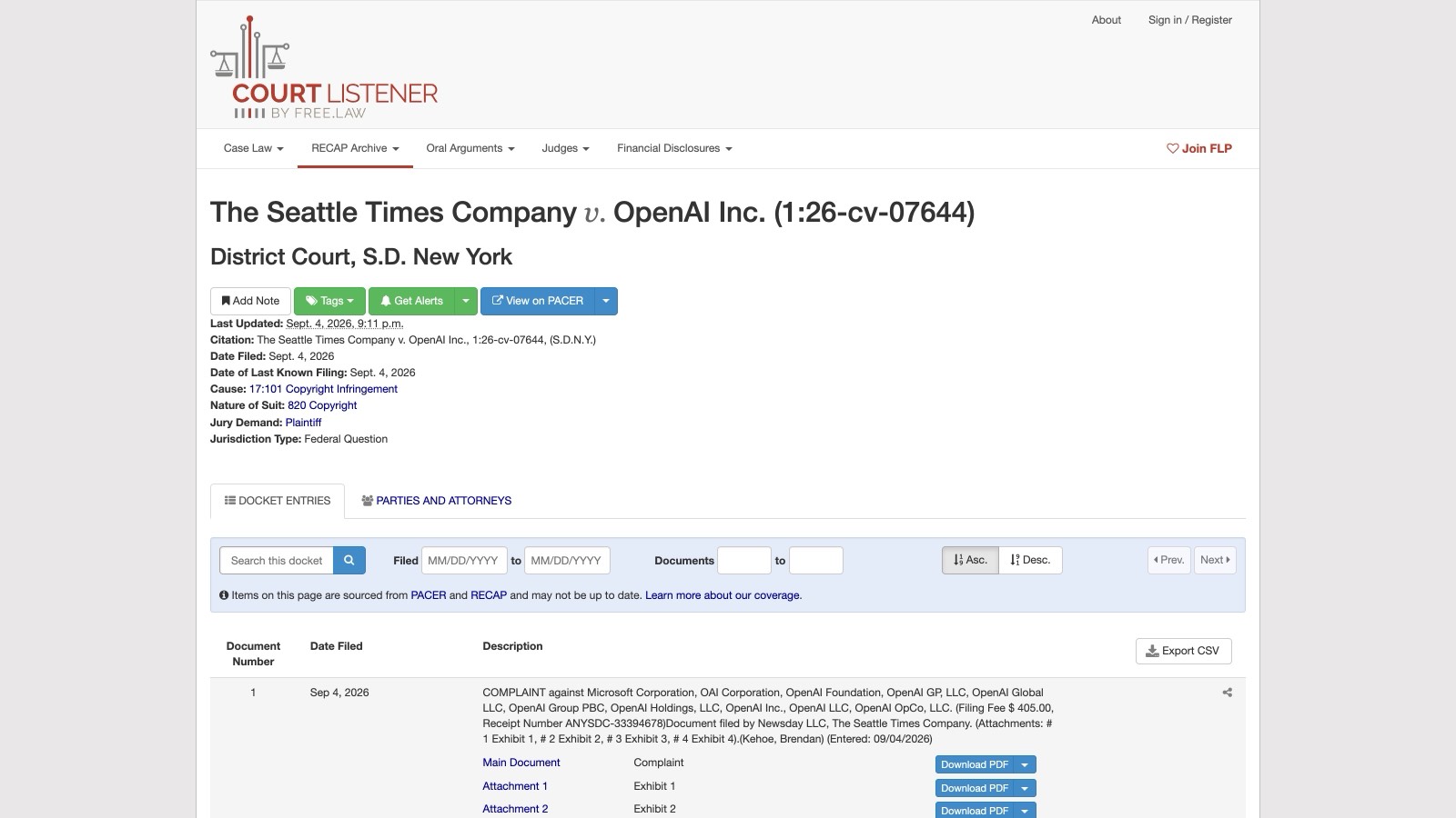 Le docket du dossier The Seattle Times Company v. OpenAI Inc. sur CourtListener : tribunal fédéral du district sud de New York, dossier 1:26-cv-07644, plainte déposée le 4 septembre 2026 (cause 17:101 Copyright Infringement, jury demandé par les plaignants).
