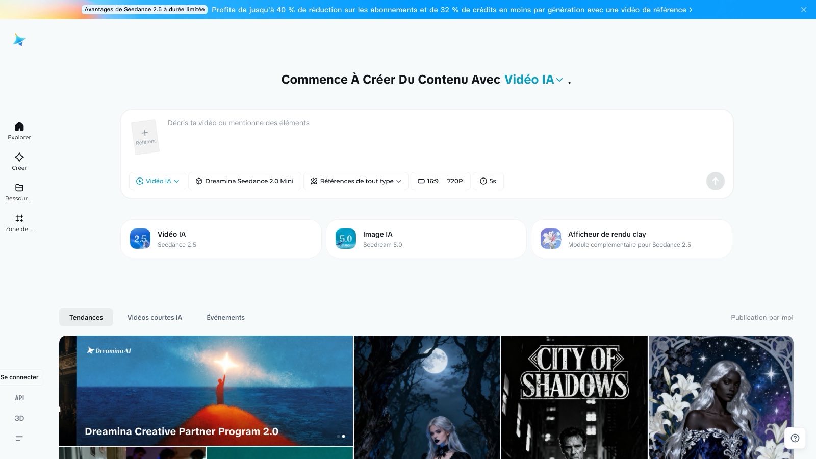 Le panneau de génération vidéo de Dreamina en français, avec le sélecteur de modèle Seedance et les raccourcis vers Seedance 2.5, capture du 4 août 2026.