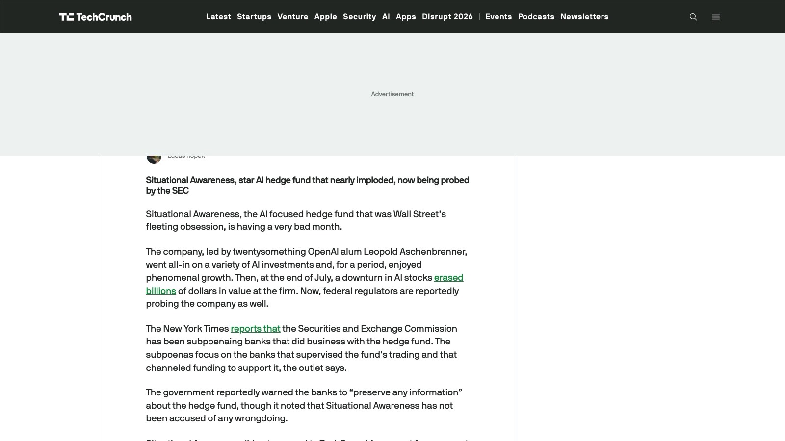 L'article de TechCrunch du 25 août 2026, qui résume l'enquête du New York Times : les banques devaient « préserver toute information » sur le fonds.