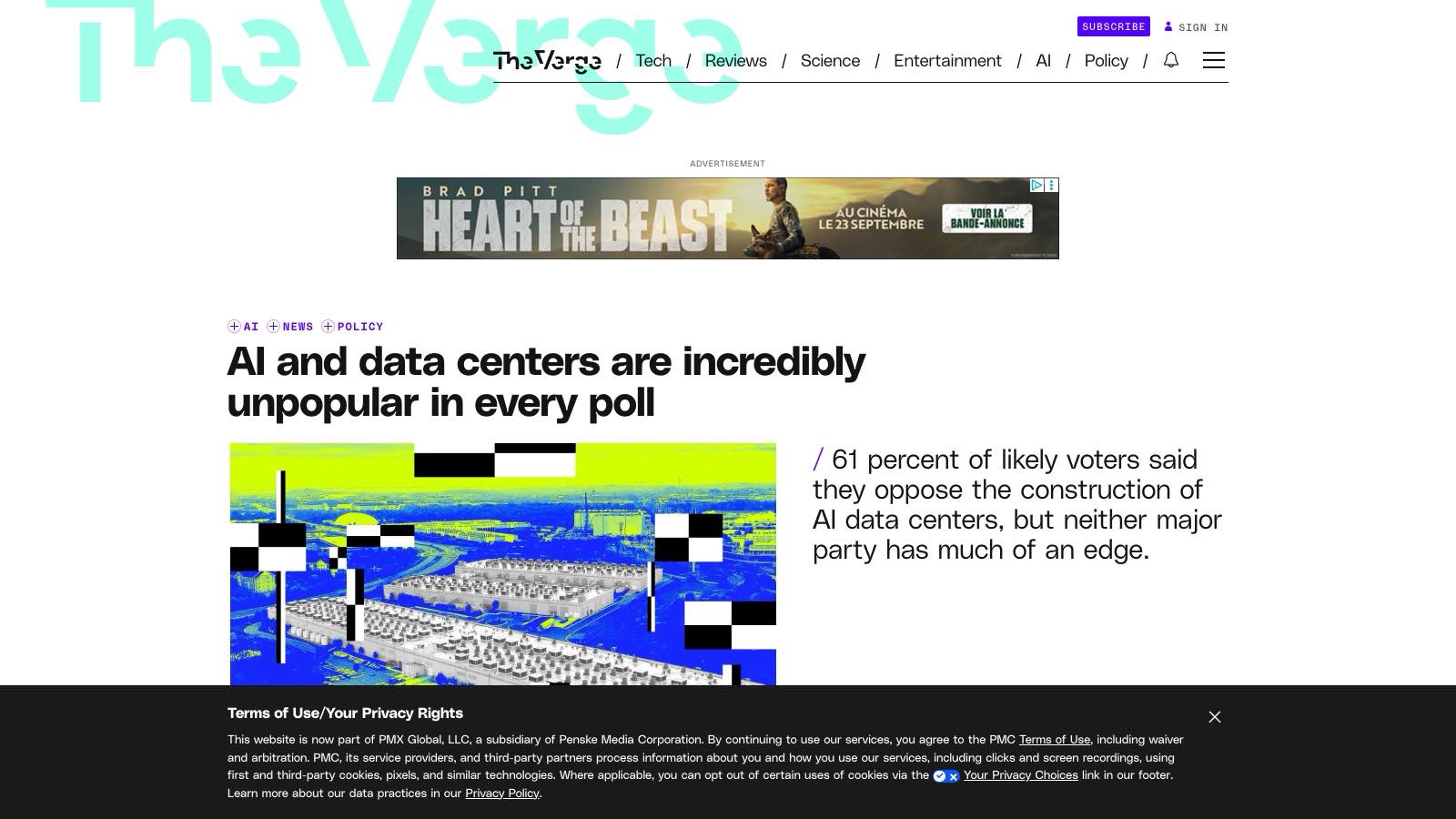 La une de The Verge du 15 septembre 2026 résume le sondage NYT/Siena : 61 % des électeurs probables s'opposent à la construction de data centers pour l'IA, sans avantage clair pour l'un des deux partis.