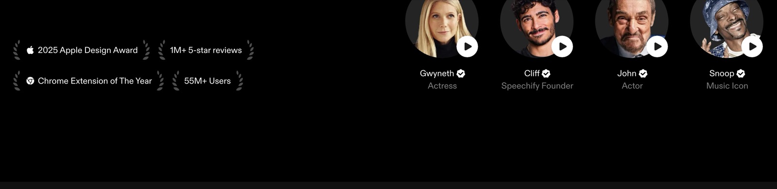 Page d'accueil de Speechify : badges « 2025 Apple Design Award », « 55M+ Users » et voix de célébrités sous licence (Gwyneth Paltrow, Snoop Dogg...).