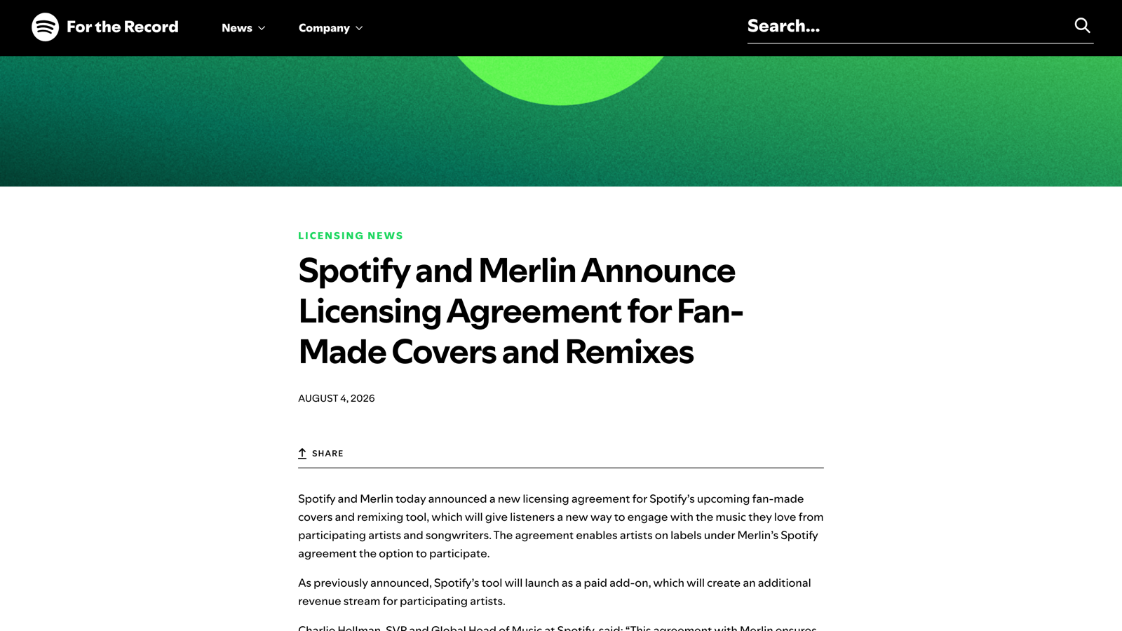 Le communiqué du 4 août 2026 sur le site de presse de Spotify : l'accord ouvre une option de participation, il ne l'impose pas.