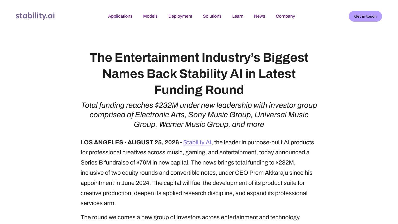 La page d'annonce officielle de Stability AI, publiée le 25 août 2026 et consultée le 26 août 2026.