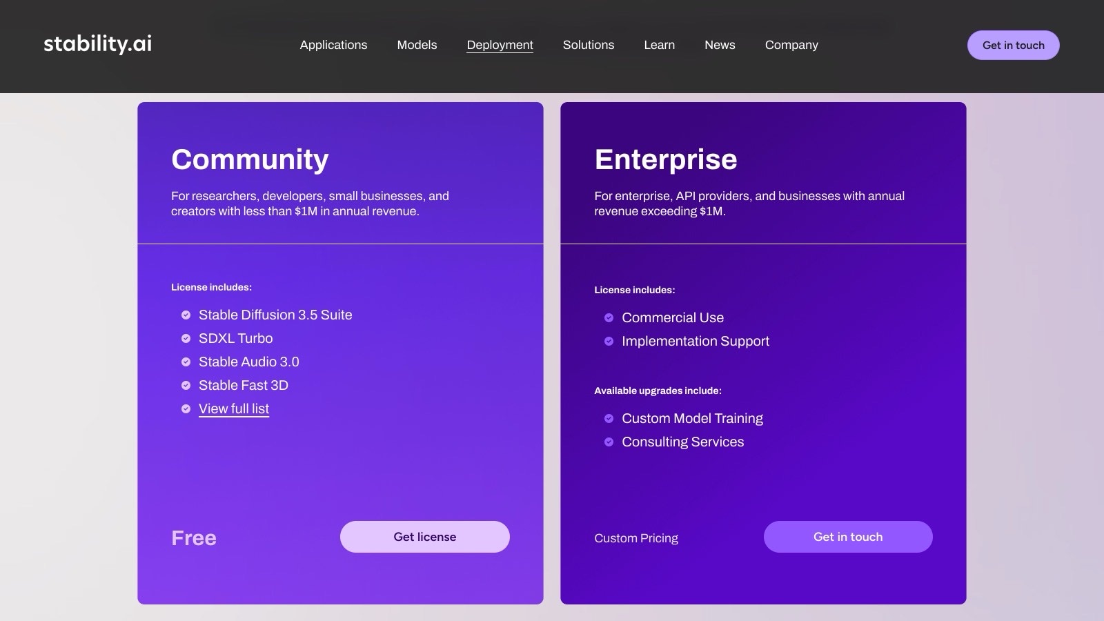 La page des licences officielles, relevée le 26 août 2026 : la licence Community (gratuite sous 1 M$ de revenus annuels) inclut la gamme Stable Diffusion 3.5, face à l'Enterprise à tarif sur mesure.